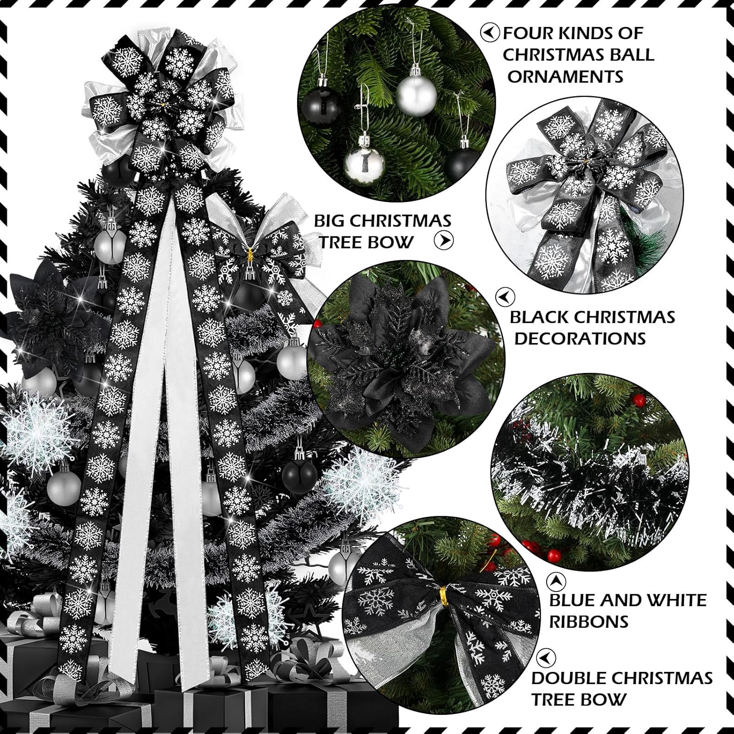 Liliful 63 Pcs Silver Black Christmas Tree Ornaments Decorations Set, Large Bow Christmas Tree Topper Glitter Bow Knots Poinsettia Flowers Metallic Tinsel Garland Balls Ornament White Snowflake Decor