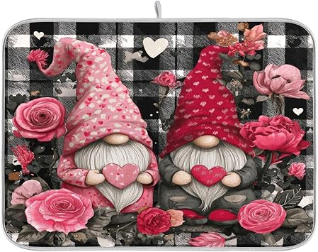 Boccsty Valentines Day Two Gnomes Dish Drying Mat for Counter Rose Hearts Drying Kitchen Mats Coffee Bar Mats for Countertops Dishes Utensils Sinks 16 x 18 IN