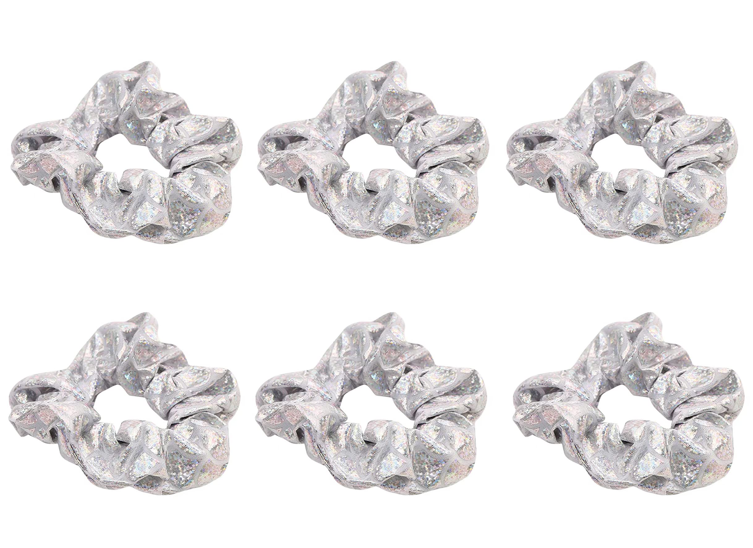 6 Pcs Sparkly Hologram Metallic Silver Color Hair Scrunchies Shiny Hair Bobbles Elastics Ponytail Holders Hair Wrist Ties Bands Scrunchies for Show Gym Dance Party Club Girl Students