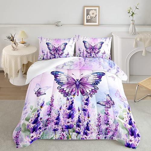 Miniatura 3 de CVHOUSE Hermoso juego de edredón de mariposa, tamaño Queen, juego de ropa de cama con flores de lavanda floreciente y mariposa voladora, juego de