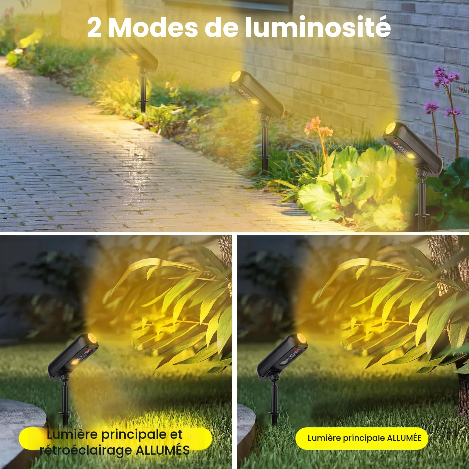 Lot de 4 Spot Solaire 3000K Lampe Solaire Exterieur Etanche IP65 Projecteur Solaire Exterieur 2 Modes Eclairage Exterieur Solaire Luminaire Exterieur Solaire pour Jardin Allée Chemin Cour