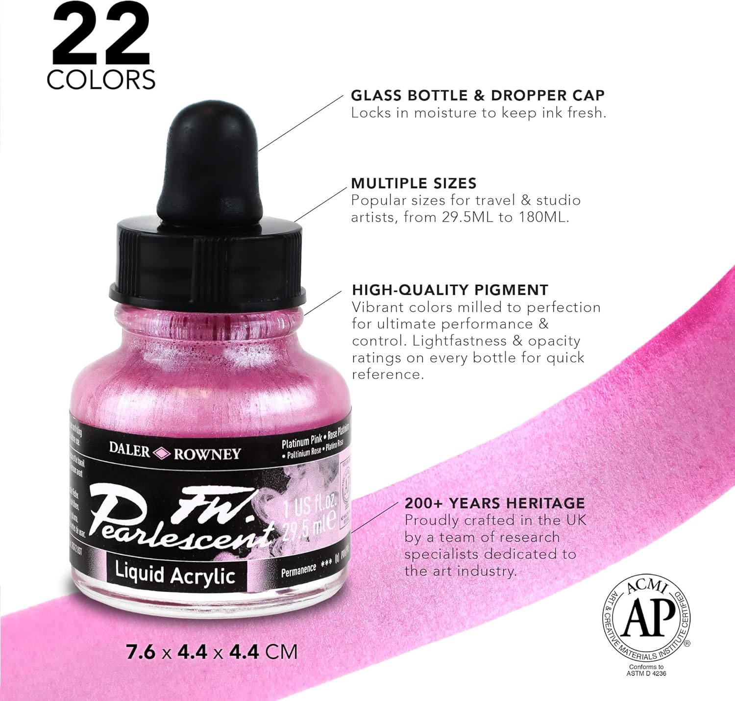 Daler-Rowney FW Acrylic Ink Bottle 6-Color Pearlescent Set with Empty Marker - Acrylic Set of Drawing Inks for Artists and Students - Art Ink Calligraphy Set - Permanent Calligraphy Ink