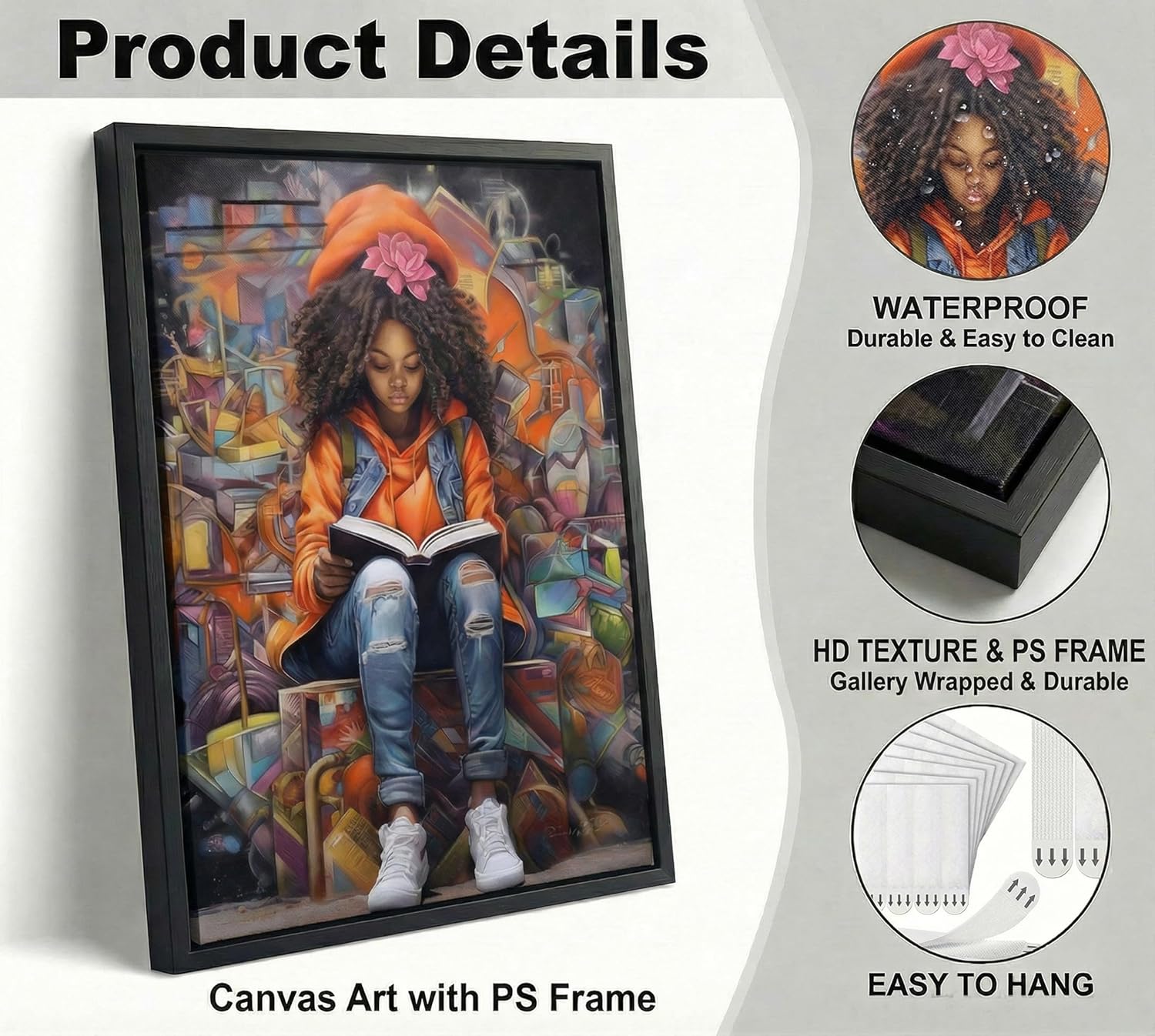 Framed Black Girl Reading Canvas Wall Art Black Girls' Books Inspiring Wall Decor Pictures African American Poster Print Painting for Teenager Living Room Bedroom Study Reading Room Home Decoration