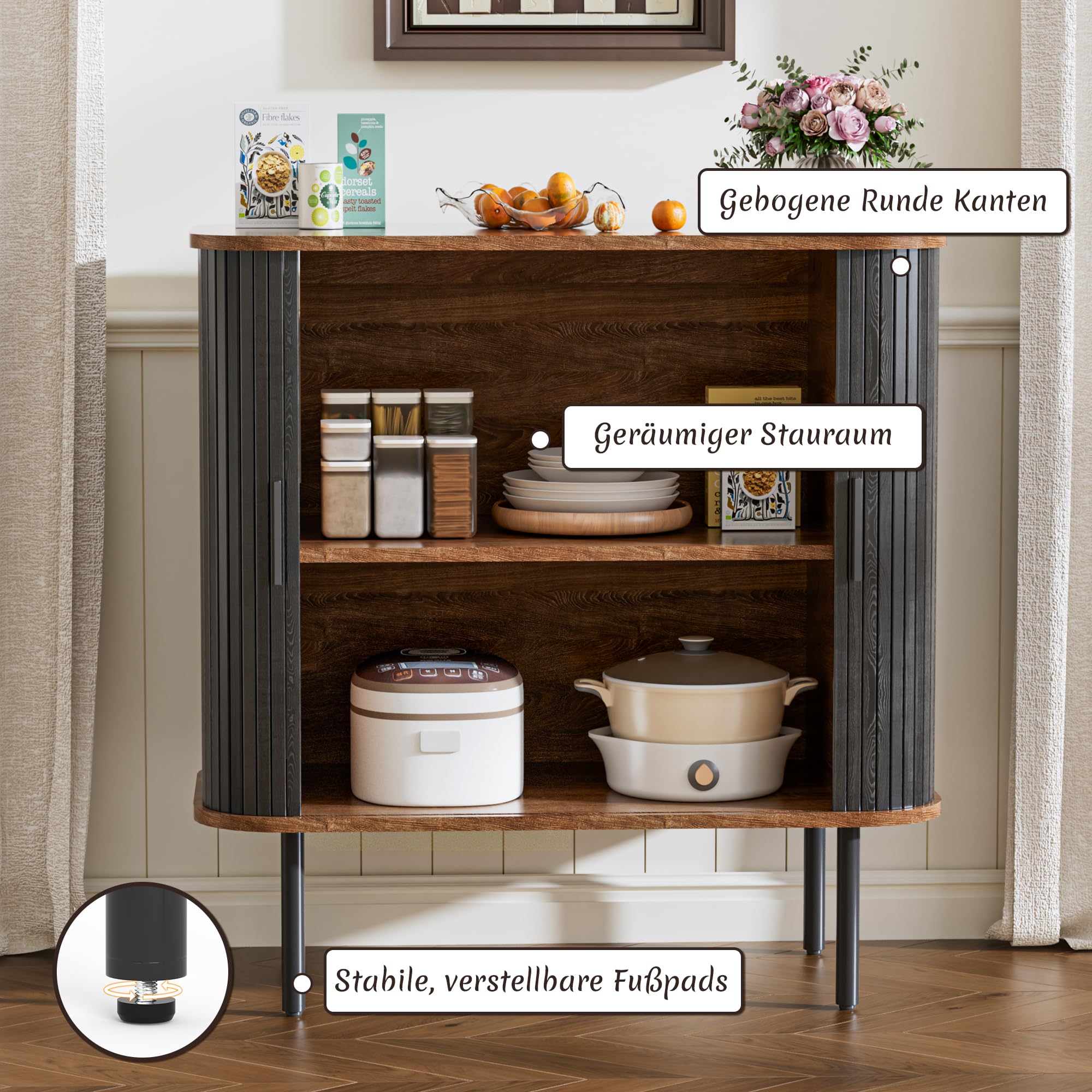 BonVache Sideboard, Buffet-Aufbewahrungsschrank für Wohnzimmer, Küchenschrank mit Tambour Schiebetür, Aufbewahrungseinheit für modernes Zuhause Esszimmer, Schwarz Braun