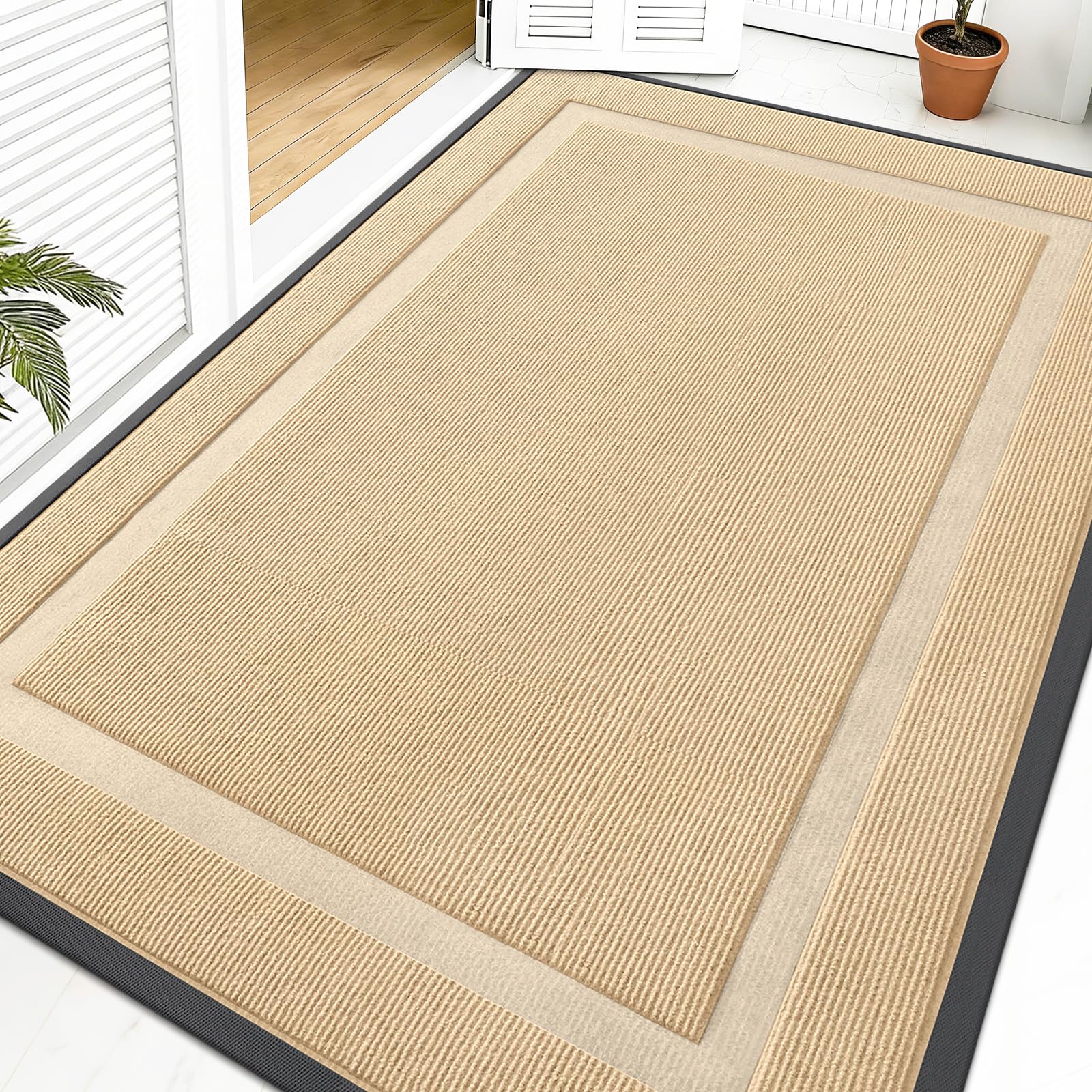 OLANLY Front Door Mat Outside 59x40, All-Season Heavy-Duty Rubber Doormat | Beige, Absorbent, Stain and Fade Resistant, Waterproof Non-Slip Backing, Low-Profile Indoor Outdoor Floor Mat for Entryway
