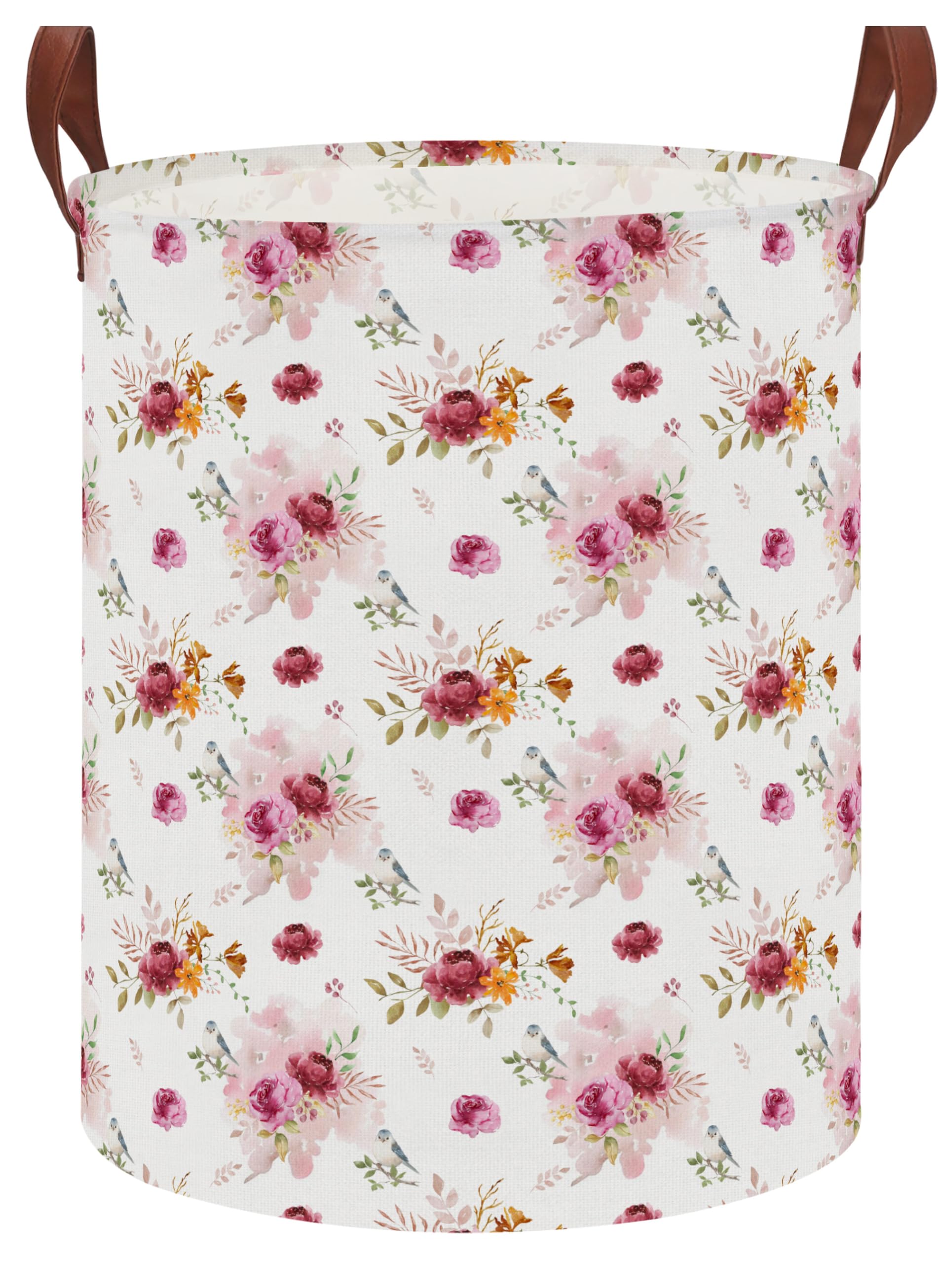 62L Vintage Rose Floral Laundry Hamper with Durable Leather Handle,Collapsible Storage Bin(Retro Pink Flowers）