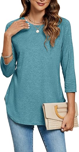 Newchoice Womens 3/4 Length Sleeve Tops Casual Round Neck Basic Tunic Shirts Loose Fit