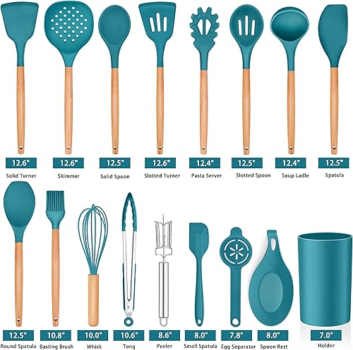 Miniatura 2 de Homikit 17 utensilios de cocina con soporte utensilios de silicona azul marino y verde azulado resistentes al calor juego de herramientas de cocina