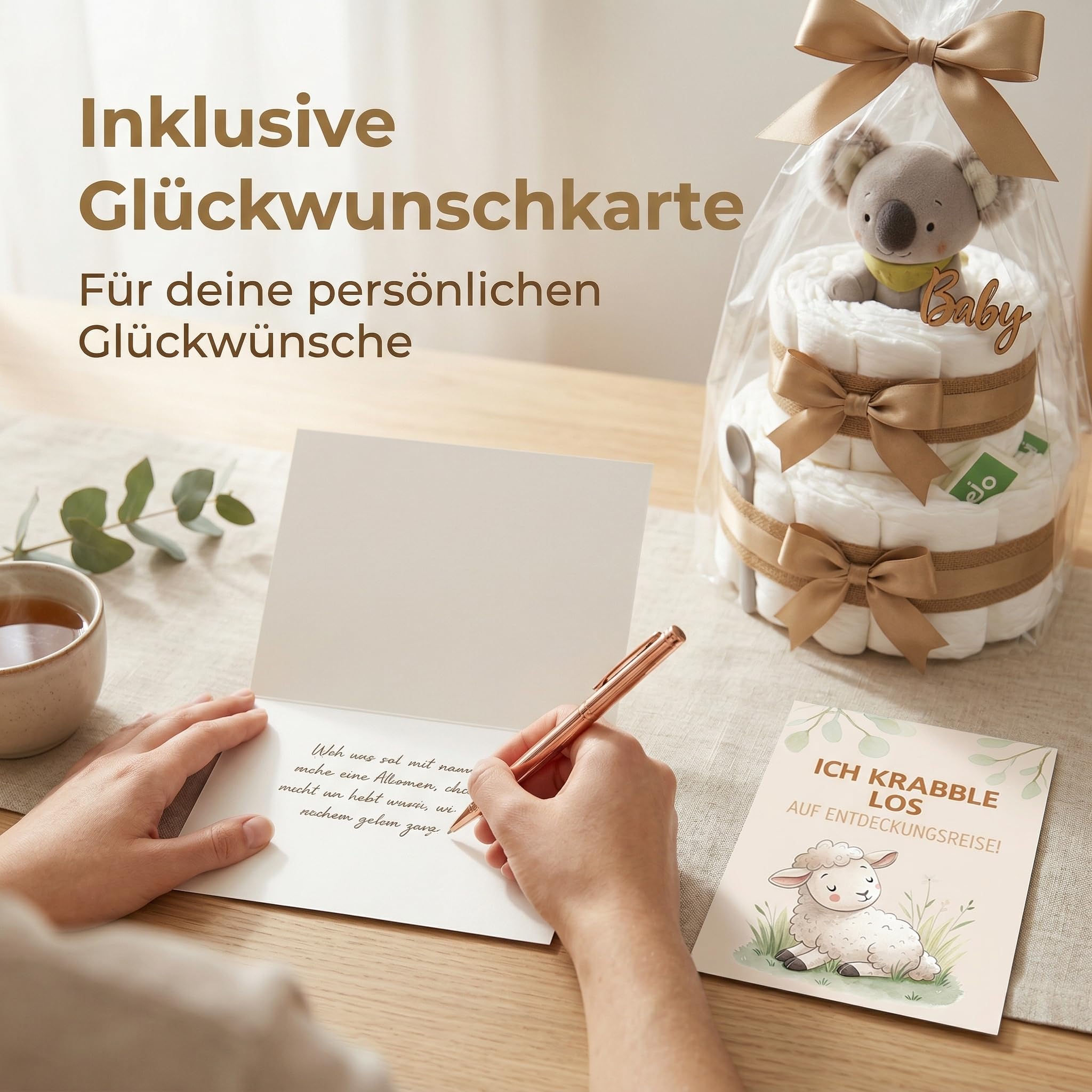 Windeltorte Mädchen & Junge mit Koala Greifling - Boho Vintage [Handmade] – Baby Geschenk zur Geburt mit Koala-Greifling, Premium Windeln & Bio-Tee – Windeltorte Neutral & für Babyparty