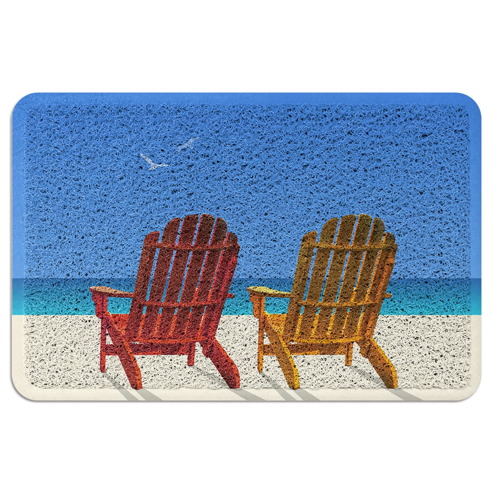 Welcome Door Mat for Outdoor Indoor, Entryway Non-Slip Doormats, Outside Patio PVC Rug Pad, Heavy Duty Home Decor Carpet Summer Colorful Chair on Beach Blue Sky Seaside Coastal Scenery
