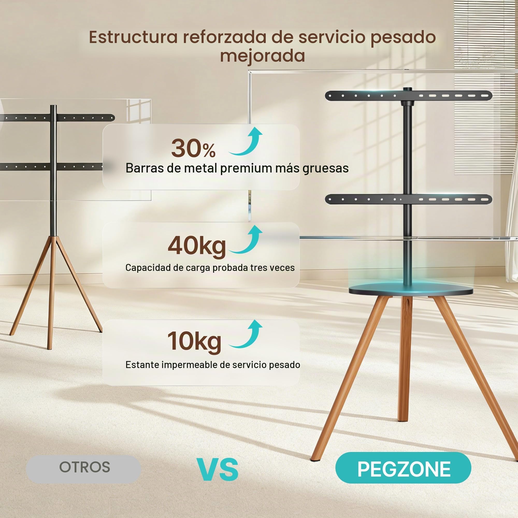 PEGZONE Soporte TV de Pie para 45 a 65 Pulgadas, hasta 40 kg | Trípode de Madera con Estante, Altura Ajustable, Giratorio, VESA Máx. 600 × 400 mm, para el Hogar