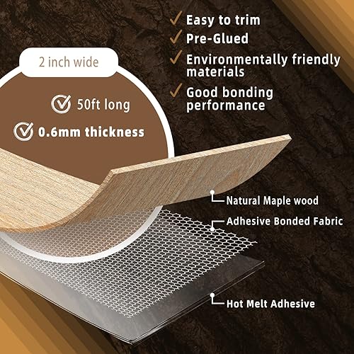 Miniatura 248 de GSCIT Club Bandas de borde de roble, rollo de 1 pulgada x 10 pies de bandas de borde de chapa - Cinta de madera real flexible previamente pegada