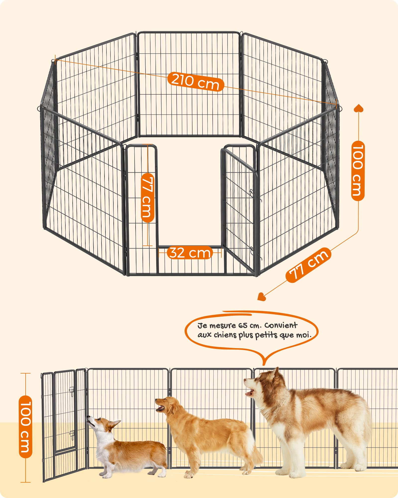 Feandrea Parc pour Chien, Enclos pour Chiot, Clôture, Chenil, Cage, 8 Panneaux, Double Verrou en L, Chaque Panneau 77 x 100 cm, Intérieur, Extérieur, Jardin, Chien, Lapin, Poule, Noir PPK81H
