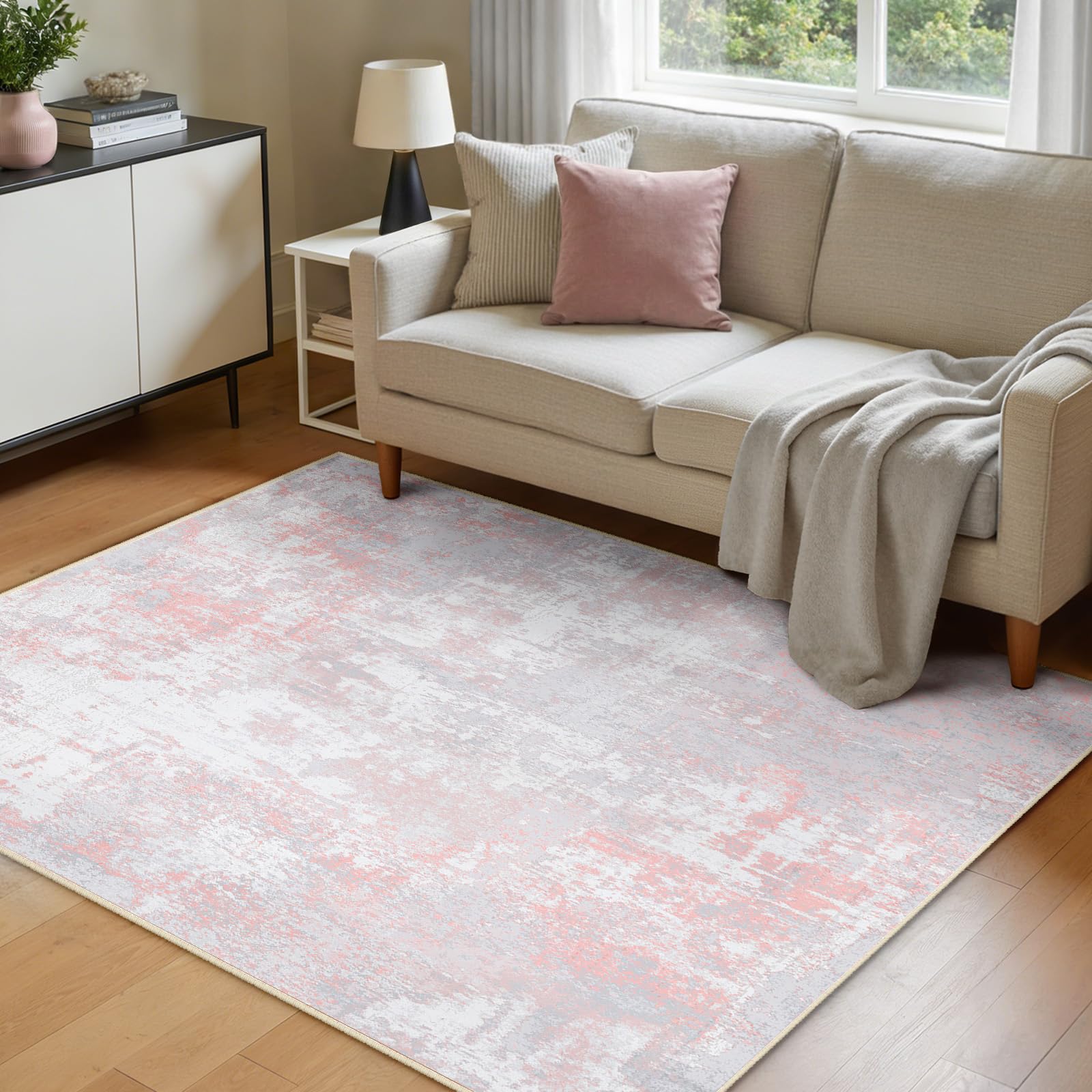INOVADAY Washable Rugs Living Room 120x180 cm Modern Abstract Rug with Soft Low Pile Vacuum Friendly Non Slip Backing Minimalist Carpet for Lounge Bedroom Dining Room Home Office Pink Grey