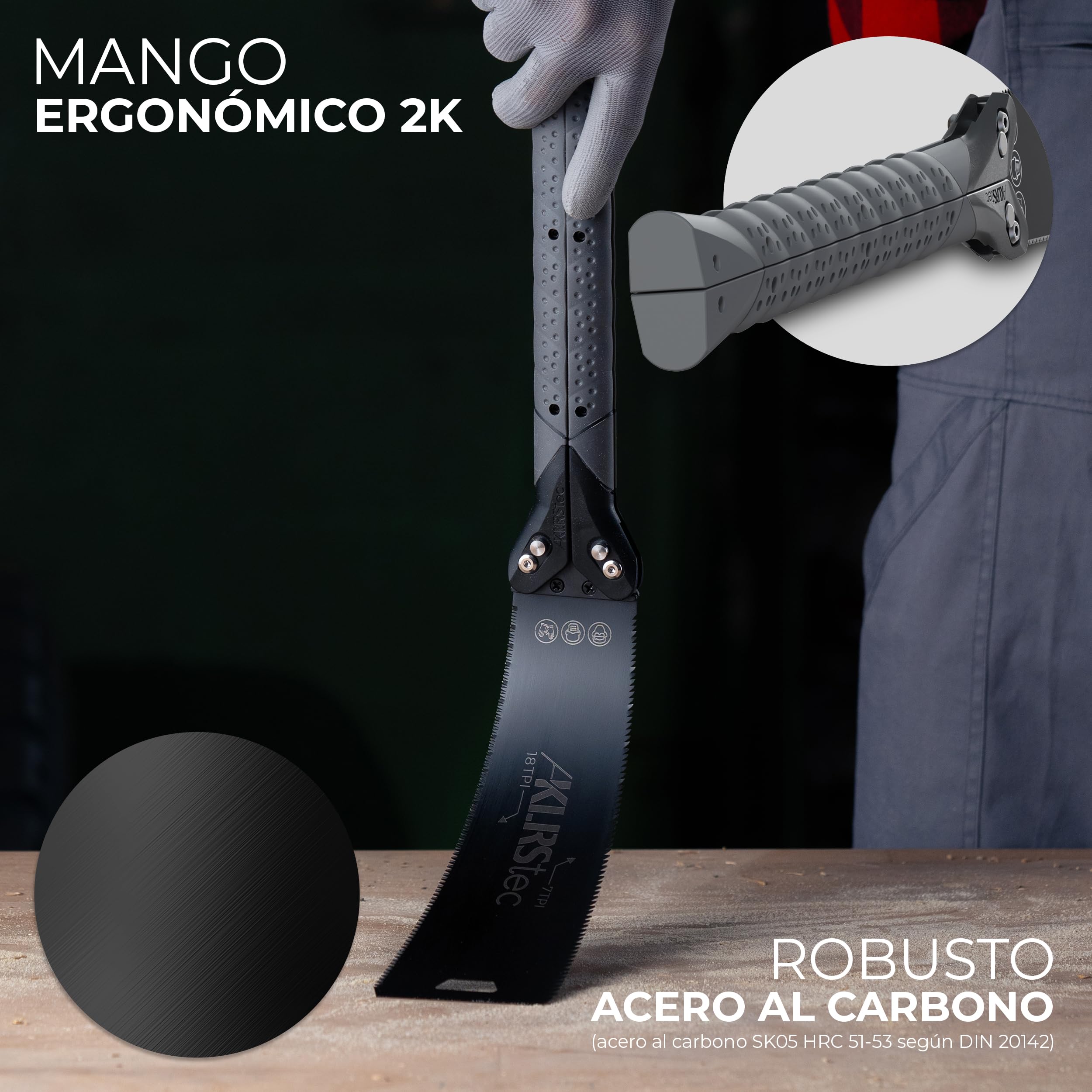 KLRStec Sierra japonesa PRO XL - Hoja de sierra dentada de doble cara [240mm] de acero al carbono - Sierra de tracción plegable con mango de TPU antideslizante