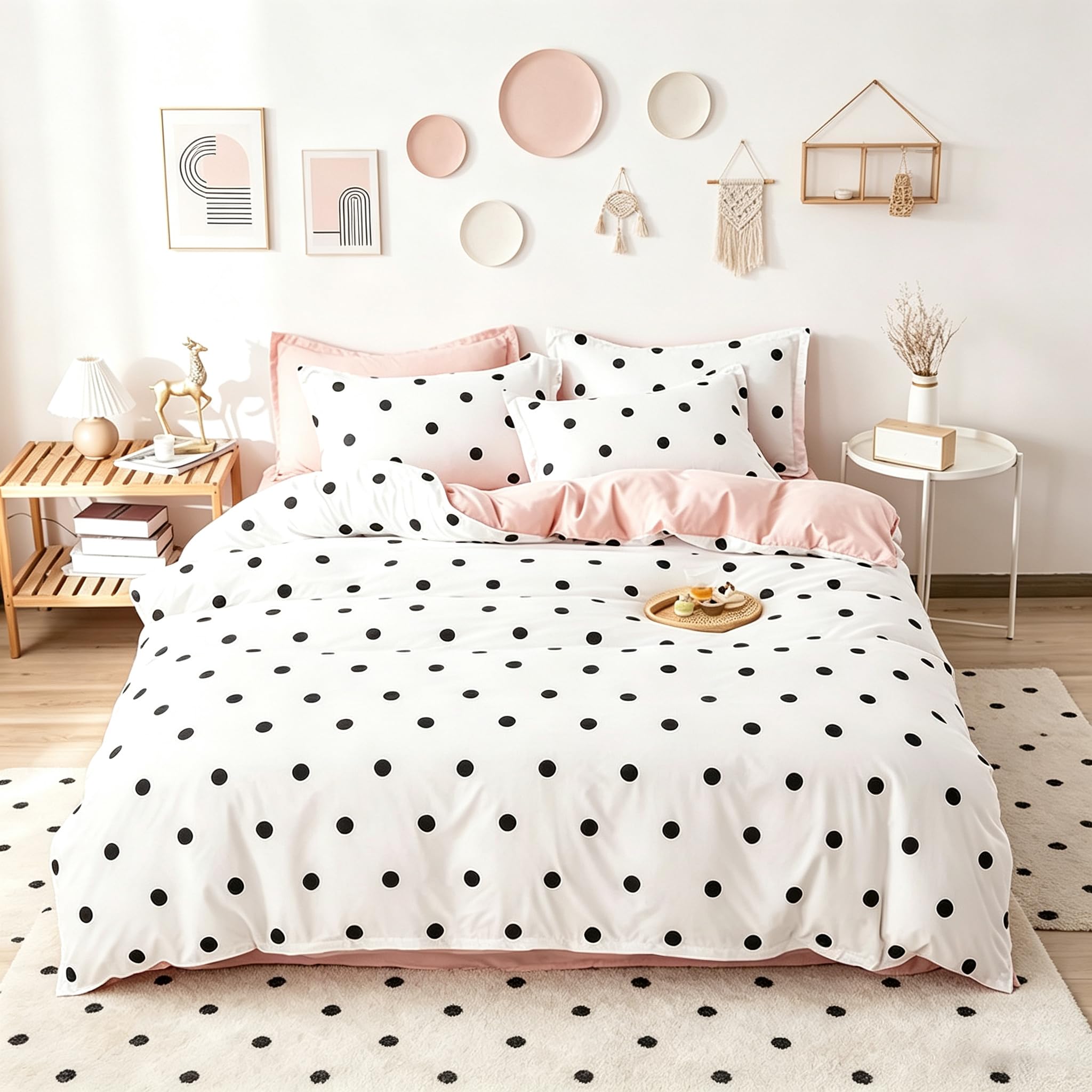 Polka Dots Duvet Cover Cute Kawaii Polka Dots Bedding Set Black and White Comforter Cover for Boys Girls Children Teens Bedroom Decor Minimalist Style Bedspread Cover Full Size with 2 Pillow Case-image-12