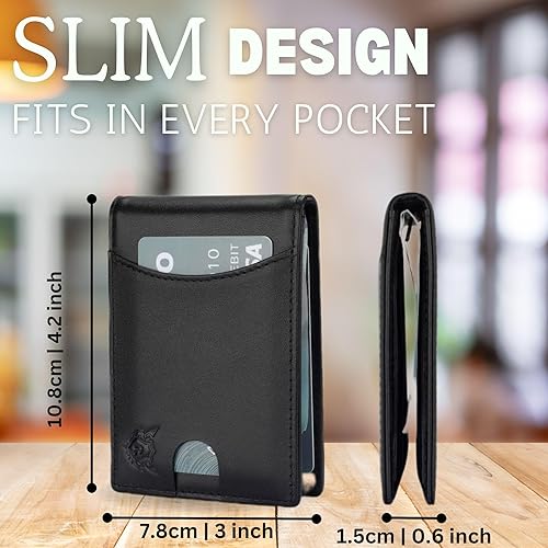 Miniatura 3 de Cartera delgada de piel auténtica con bloqueo RFID, con bolsillo frontal, minimalista para hombre, con clip para dinero y ventana de identificación,