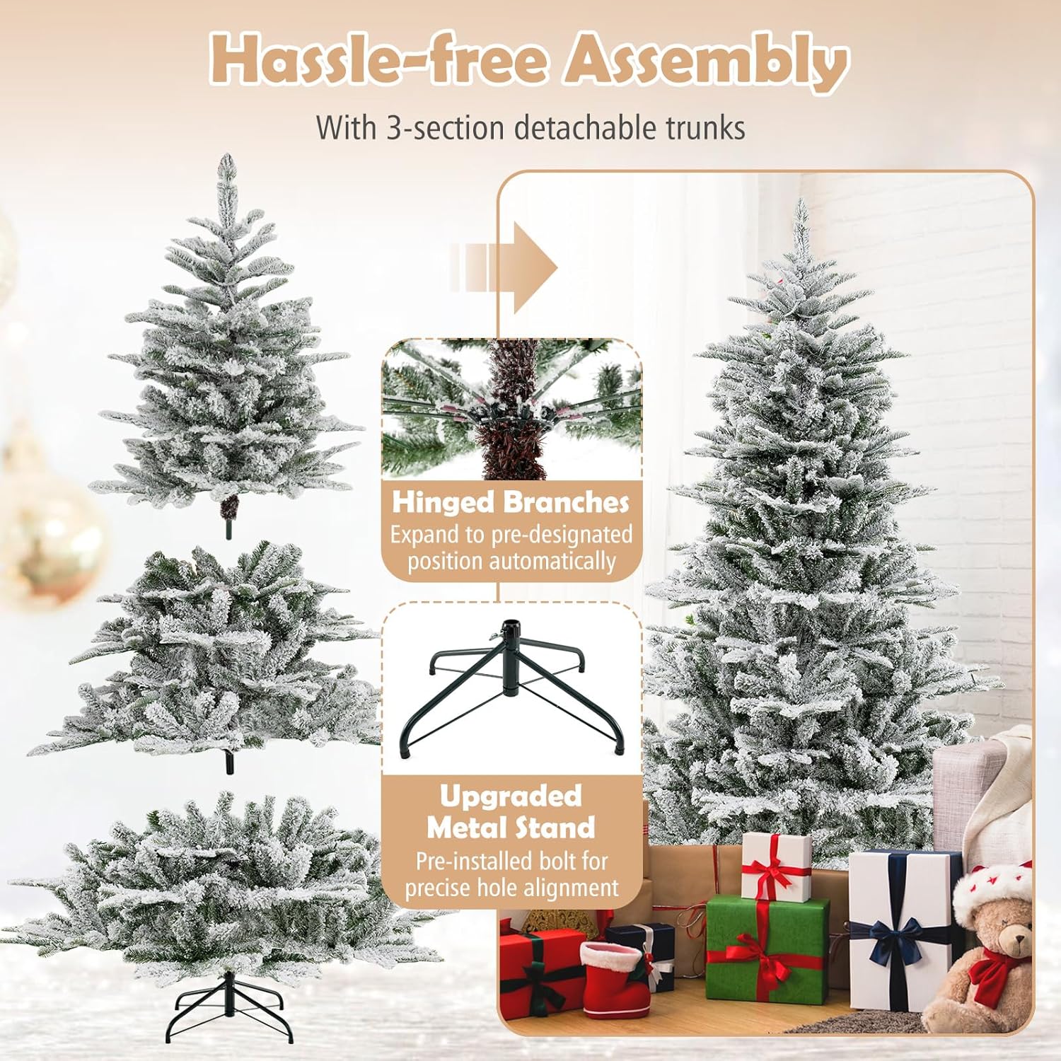 GOFLAME 6FT Pre-Lit Christmas Tree Snow Flocked, Hinged Artificial Xmas Tree with 661 Branch Tips, 500 Cold White LED Lights, 3 Lighting Modes, Timer, Remote, Holiday Decoration Tree for Home Party