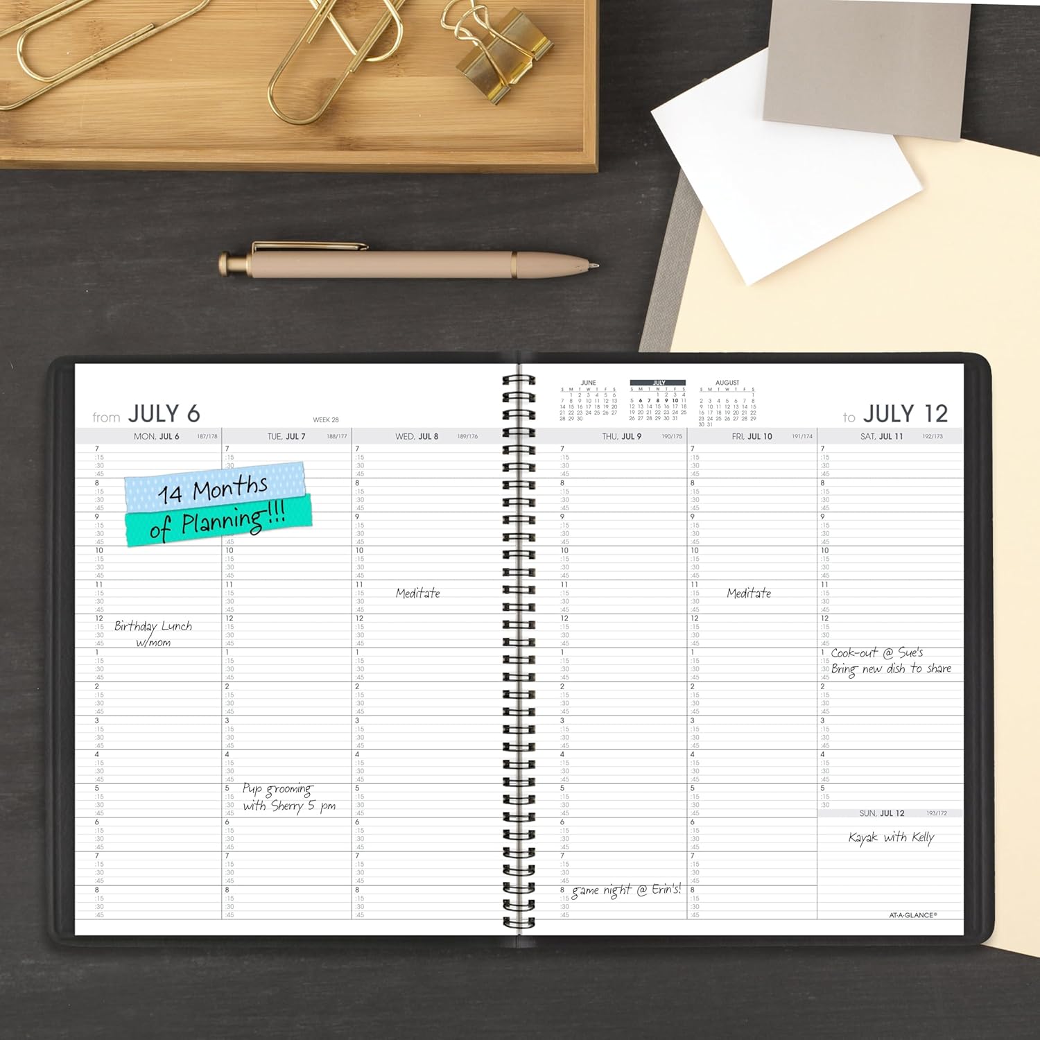 AT-A-GLANCE Planner 2026-2027 Weekly Academic 14-Month July-August, Quarter-Hourly Appointment Book, 7" x 8-3/4", Black (7095805)