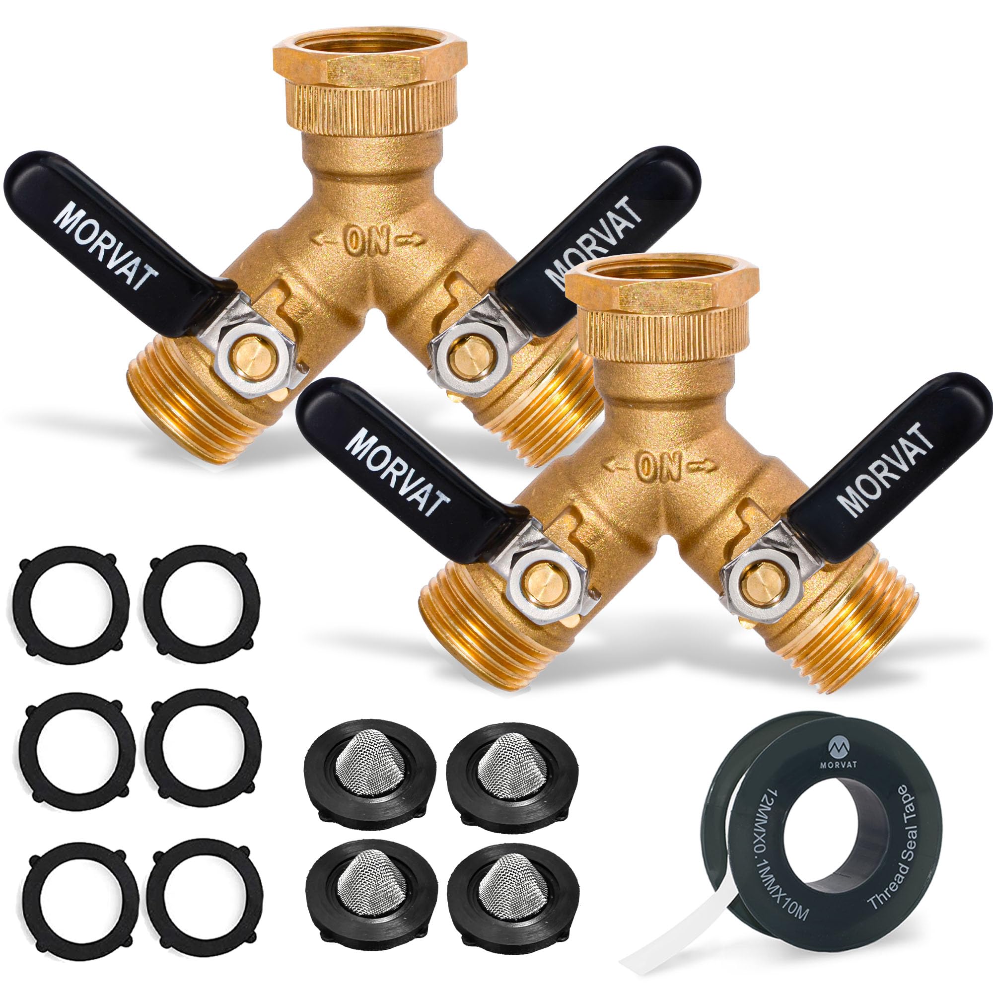 Morvat Sdoppiatore a Y a 2 vie in ottone, senza piombo, resistente connettore per tubo da giardino con valvola on/off extra lunga a farfalla, adattatore per rubinetto dell'acqua e rubinetto, 10