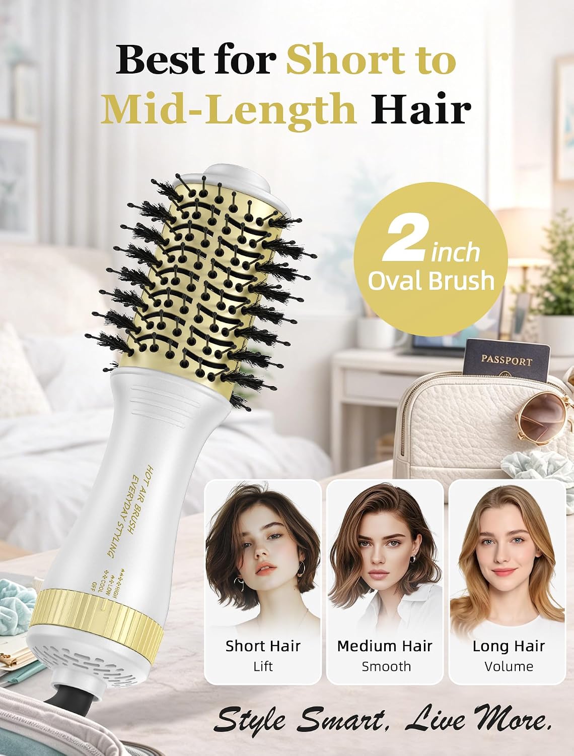 Travel Hair Dryer Brush, 2 Inch Oval Blow Dryer Brush for Short to Medium Hair, Dual Voltage 120-240V Hot Air Brush, Ceramic Blowout Brush with 3 Heat Settings, White Gold