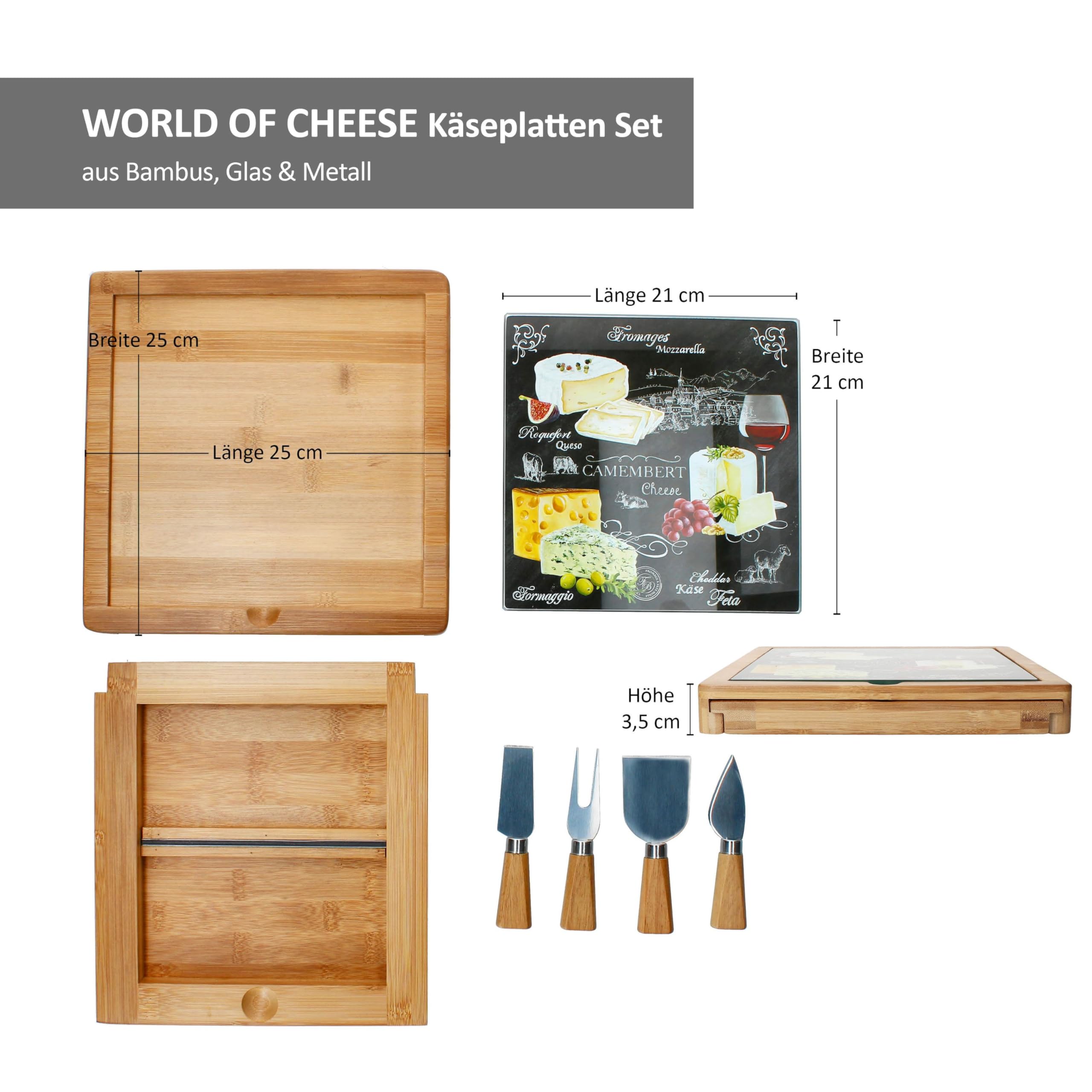 MamboCat World of Cheese Käseplatten Set I dekoriertes Käseschneidebrett aus Bambus-Holz & Glas mit Schublade & 4 Käsemessern I Servierplatte, Geschenkidee