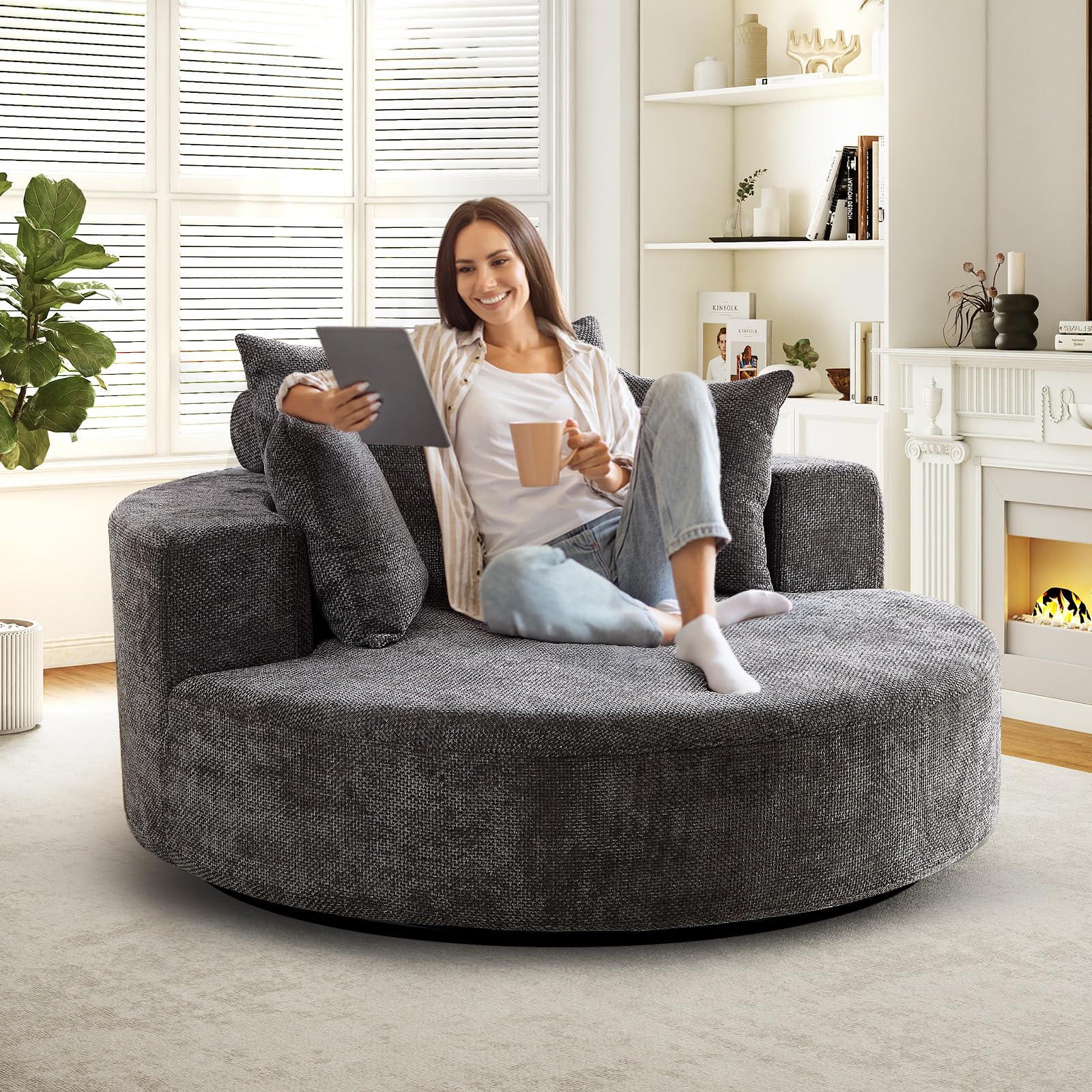 JEEOHEY 55" W Oversized Round Swivel Accent Barrel Chair,360 Degree Chenille Upholstered Comfy Chaise Lounge Chair Indoor,Modern Deep Seat Single Sofa