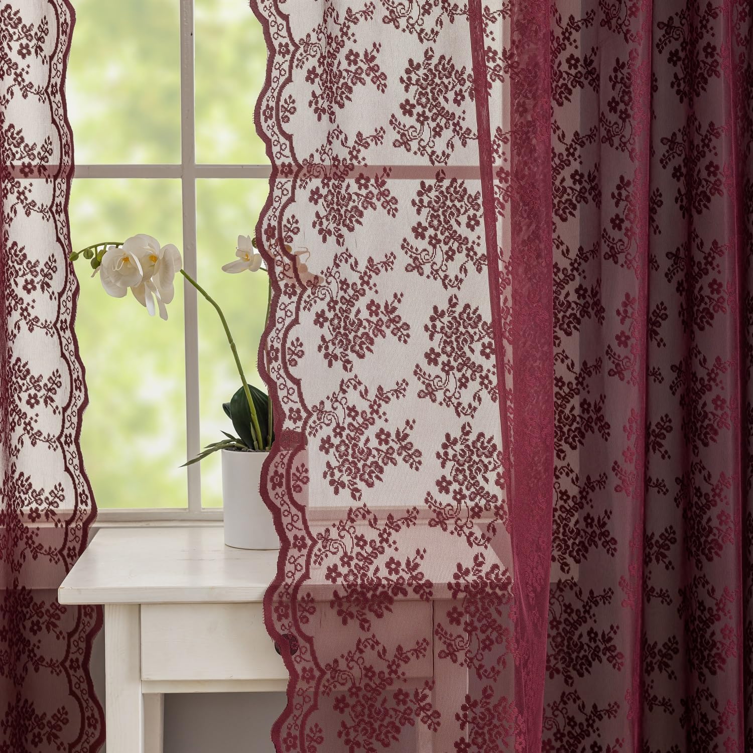 Bujasso Tende In Pizzo Rosa Vintage 2 Pannelli 137x240 Cm - Floreale Trasparente Con Bordo Smerlato Per Soggiorno E Camera Letto