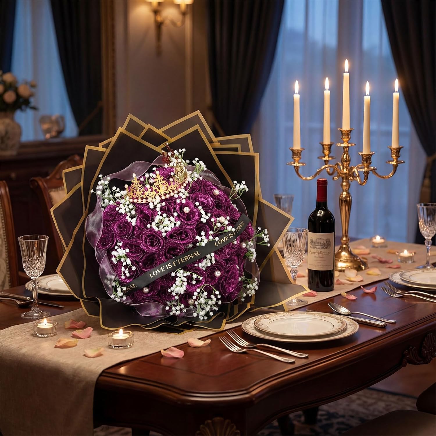 52 Pcs Glittery Roses Bouquet, DIY Fake Flowers Gypsophila Bouquet Artificial Roses Wrapping Paper Crown Ribbon for Christmas Valentines Mother's Day Birthday Wedding Gifts(Purple)