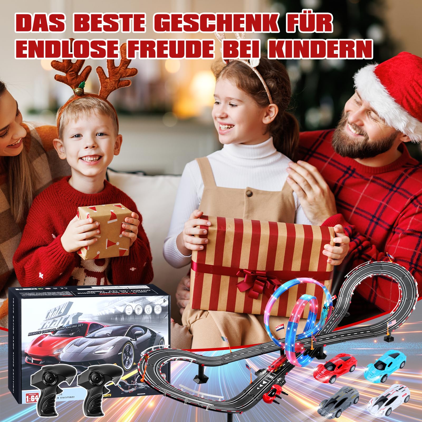 Elektrische Rennbahn Kinder, Autorennbahn Beleuchtete Elektrische Rennstrecke 1:64 Autobahn - 4 LED Auto, Rundenzähler, 360°-Looping, Rennstrecke Auto Spielzeug für Kinder 3 6-12 Jahre (L)