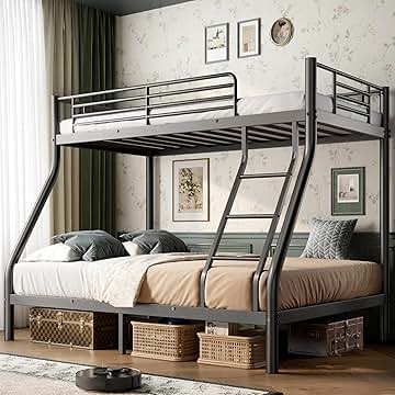 Bunk Beds Twin Over Full Size, Heavy Duty Bunk Beds with Bottom Space & Guardrail Metal Bunk Bed Frame for Aldults Dorm Bedroom Guest Room, No Box Spring Needed(Upgrate Black)
