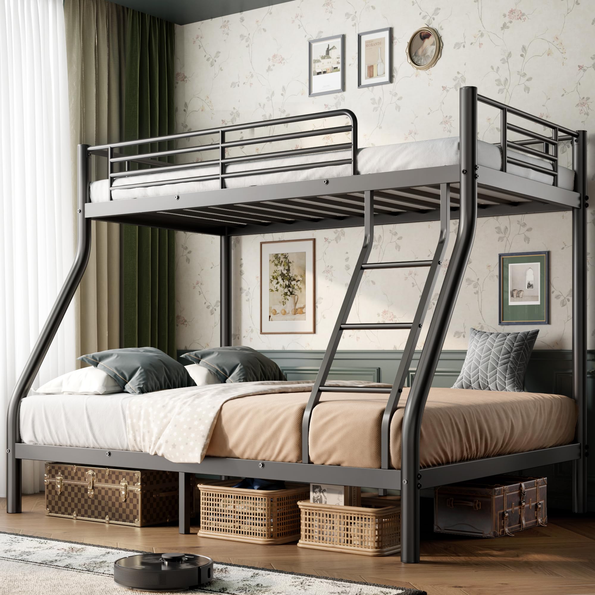 Cyranture Bunk Beds Twin Over Full Size, Heavy Duty Bunk Beds with Bottom Space & Guardrail Metal Bunk Bed Frame for Aldults Dorm Bedroom Guest Room, No Box Spring Needed（Upgrate Black）-image-35