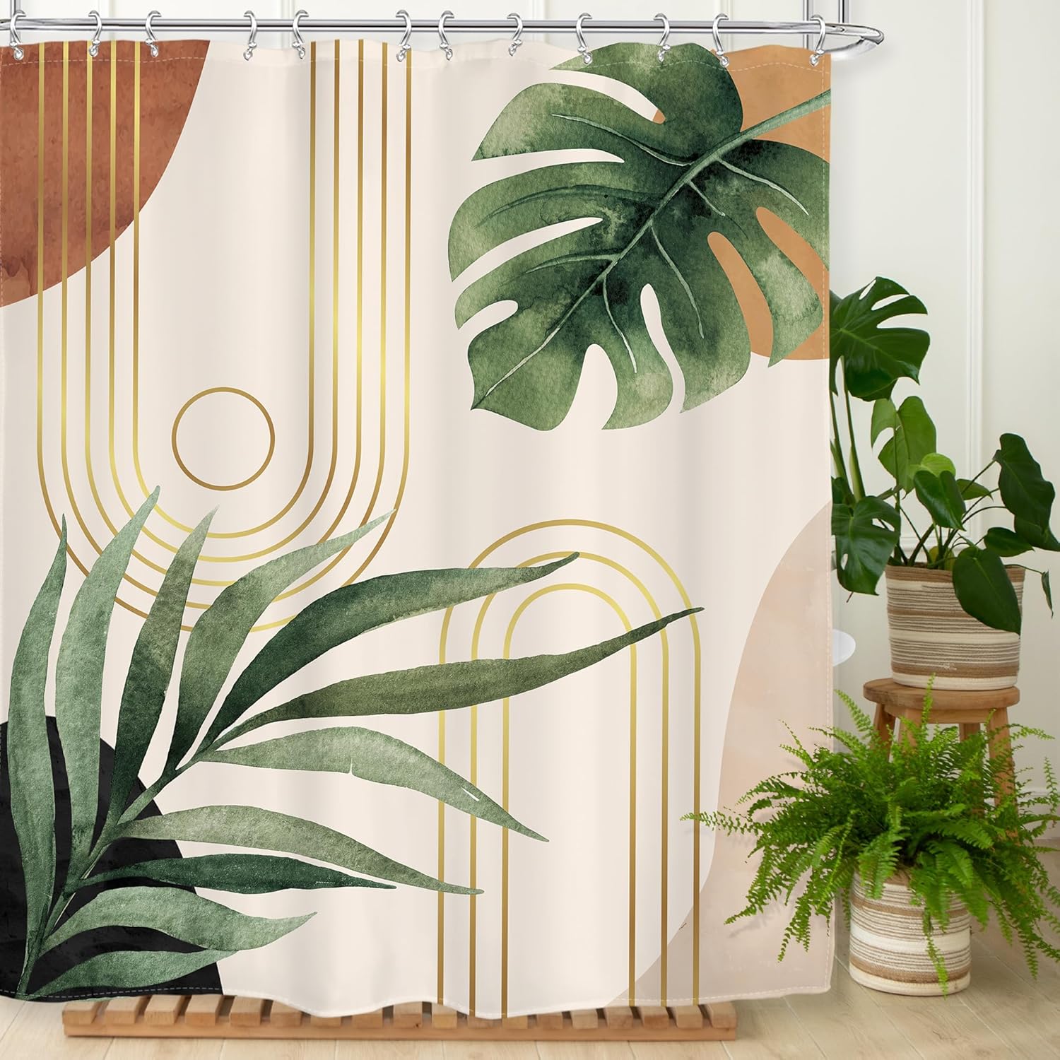 Glawry Boho Sage Green Shower Curtain 60Wx72L Inches, Abstract Bohemian Mid Century Bathroom Curtains, Plant Botanical Palm Leaf Cute Decor Fabric Shower Curtain Set Bathroom Rugs Waterproof 12 Hooks - Image 2