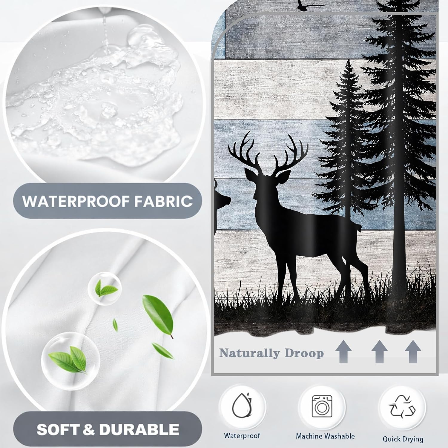 Rustic Cabin Deer Hookless Shower Curtain with Snap in Liner, Wildlife Elk and Bird in Forest Blue Vintage Wood No Hook Shower Curtain and Liner Set for Bathroom Decor, 71W X 74L inches
