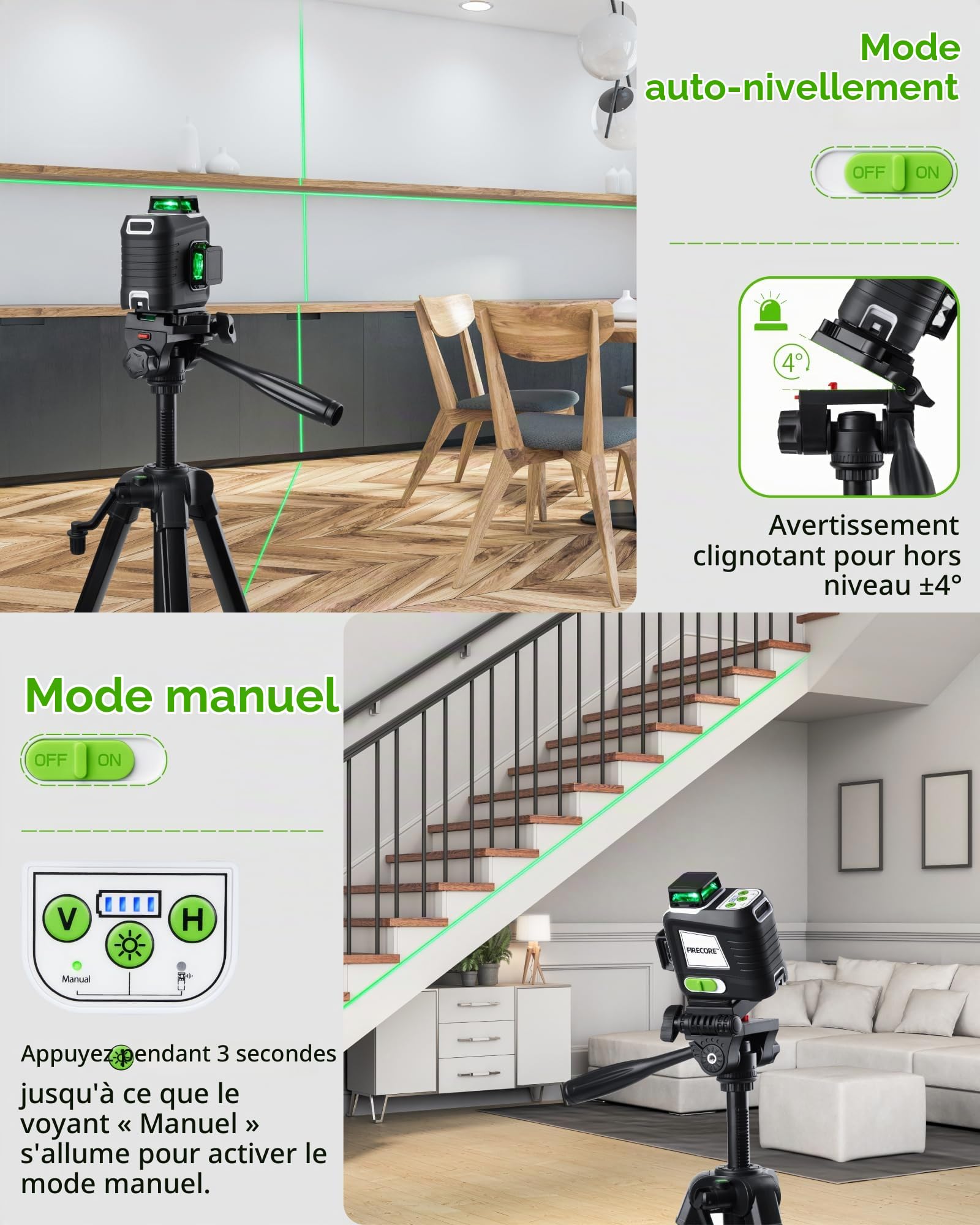 Firecore Niveau Laser 360 Autonivelant ​​avec Trépied 150cm,Niveau Laser Vert 12 lignes avec 2 Batteries lithium-ion et en charge USB, lazer niveaux bricolage avec Télécommande et étui de transport