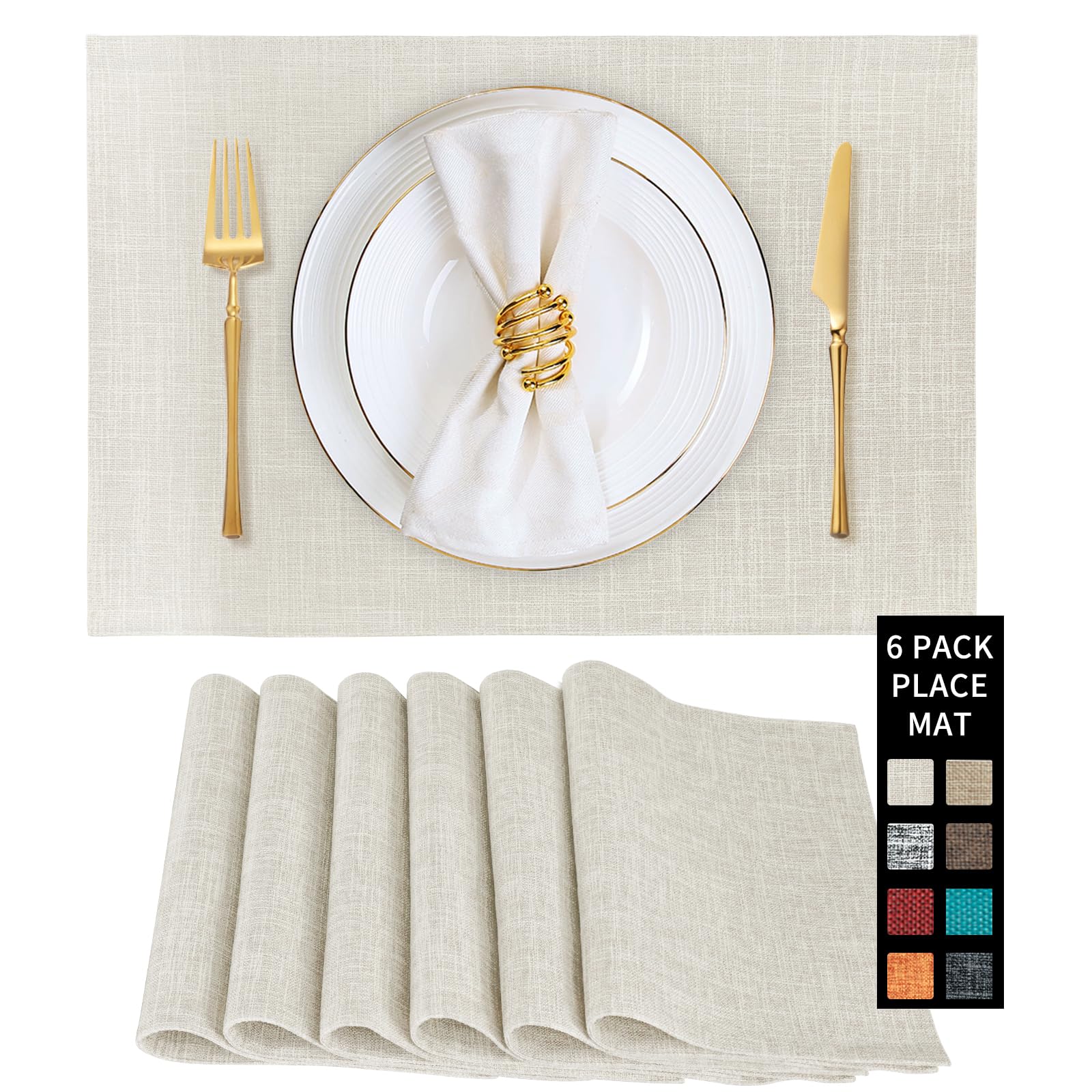 Beige Cloth Placemats Set of 6 - Washable Dining Table Mats Cloth Place Mats for Kitchen Place Mats Rectangle Farmhouse Fall Placemats for Indoors &