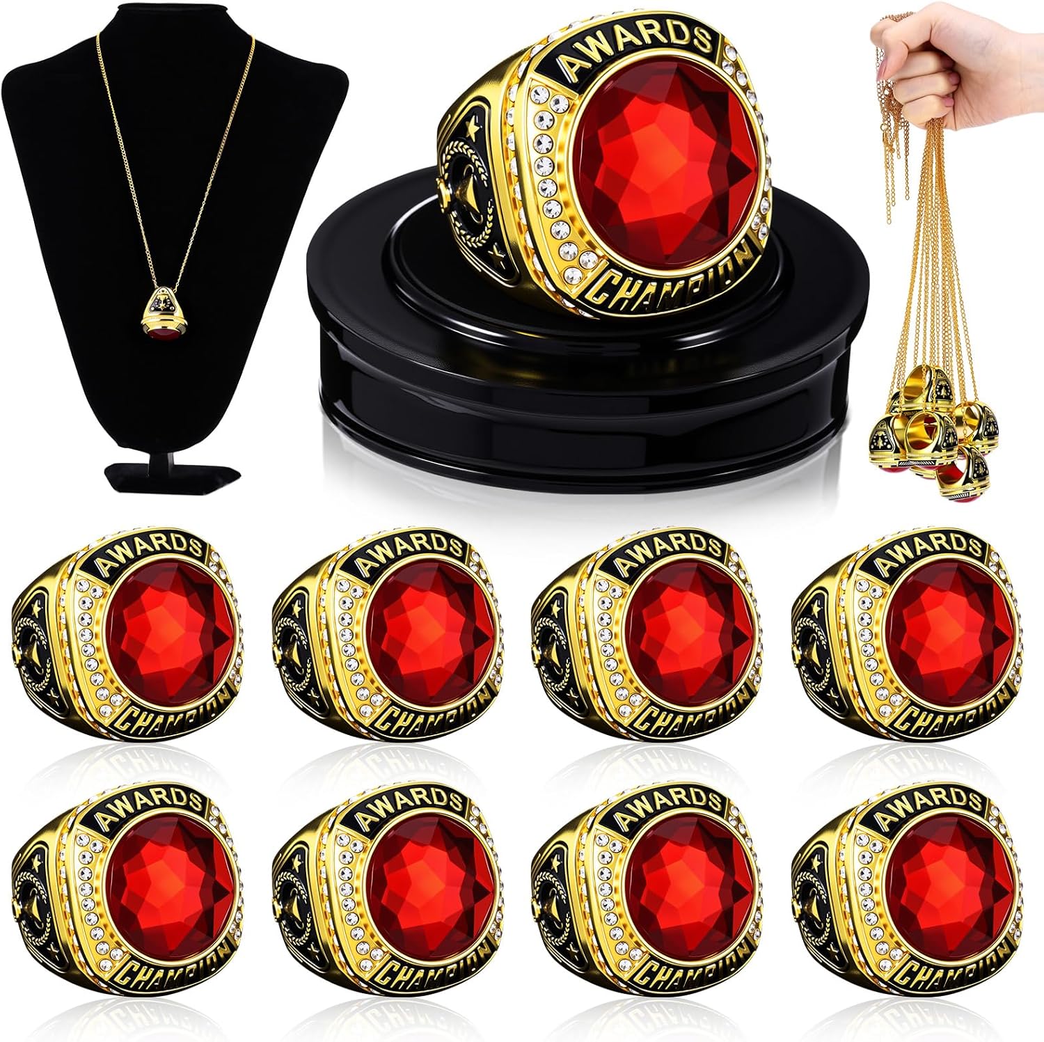 Landical 10 Pcs Championship Trophy Rings Bulk MVP Winner Youth Award Gift with Neck Chains and Display Stand for Basketball Baseball Football Volleyball Softball