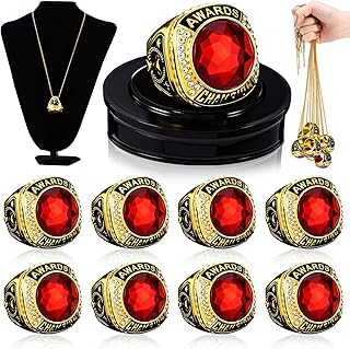 Landical 10 Pcs Operation Christmas Championship Trophy Rings Bulk MVP Winner Youth Award Gift with Neck Chains and Display Stand for Basketball Baseball Football Volleyball Softball