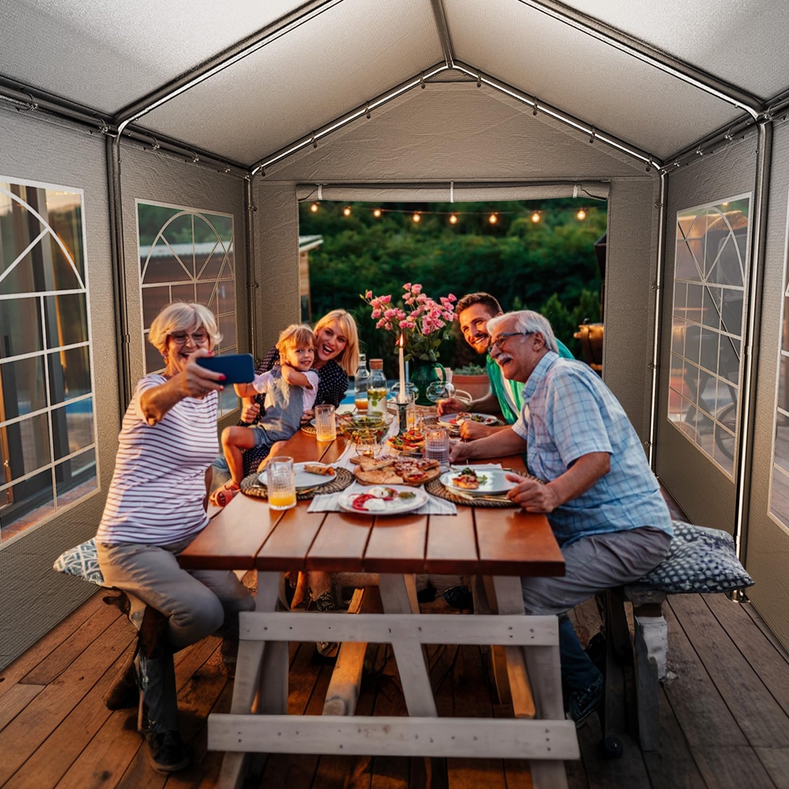Pavillon 4x8, Partyzelt mit Seitenwänden & Giebelteilen, UV-Schutz & Wasserdicht, Gartenzelt Festzelt aus Verzinkte Stahlgestänge & PE-Plane, Abnehmbare Seitenwänd, Garten Partyzone, Grau