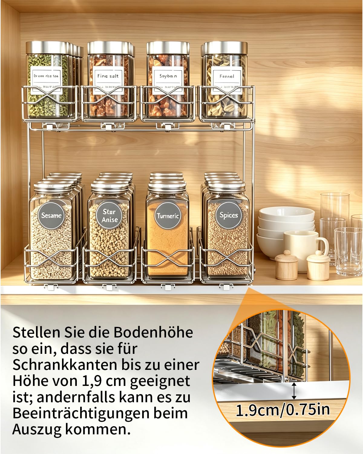 YSD Gewürzregal Ausziehbar für Oberschrank Küche – 2 Ebenen, Edelstahl | 4 Körbe pro Ebene einzeln ausziehbar. Höhenverstellbar.platzsparend. Kleben/Schrauben. Leise Schienen. Küche/Bad. Ohne Gläser