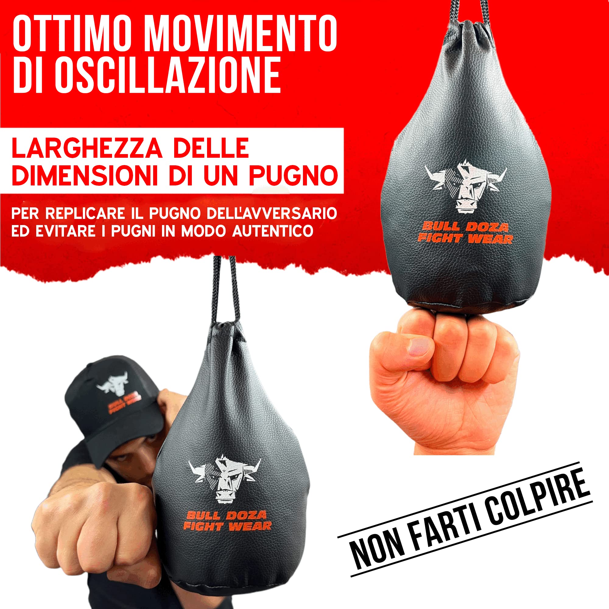 BULL DOZA FIGHT WEAR Sacco di reazione Slip - Larghezza pugno - 1 kg una volta riempito - Corda di 2 metri inclusa - Sacco da boxe MMA - Nero - Sacco da difesa n. 1 (non da boxe) (Nero)(M)