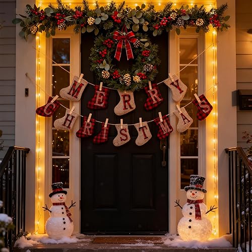 Miniatura 5 de Cartel de arpillera de Feliz Navidad, decoración navideña en forma de calcetín, decoración colgante para interiores y exteriores, decoraciones