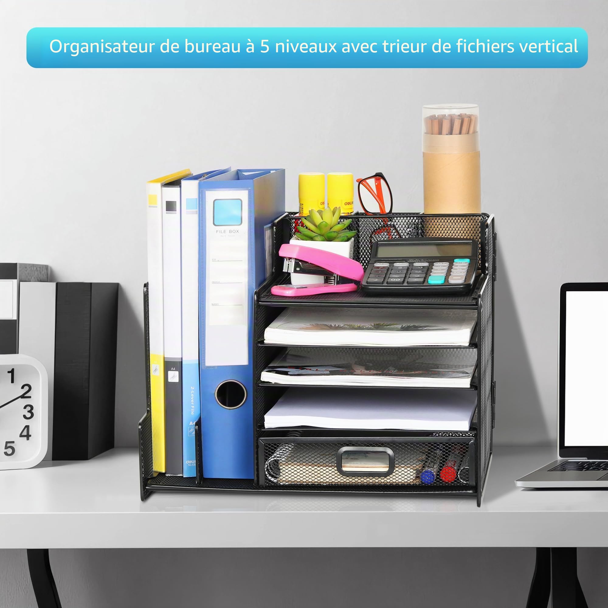 TQVAI Organiseur de bureau à 5 niveaux avec trieur vertical et bac à courrier Noir
