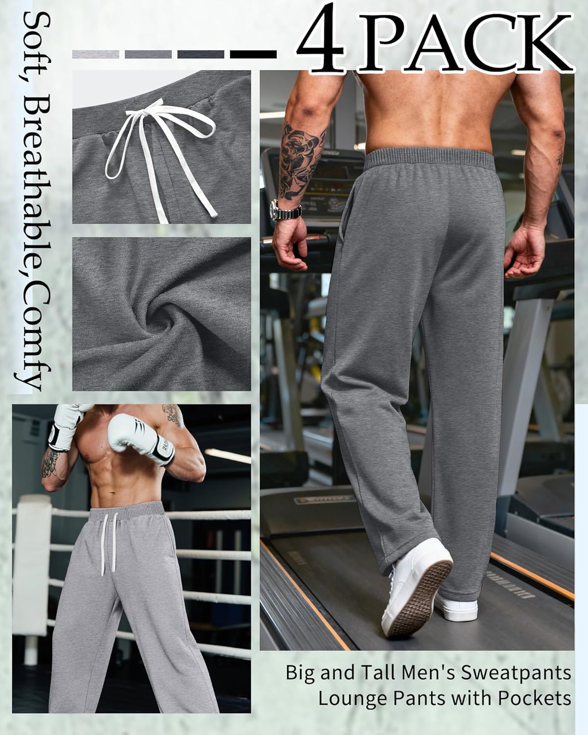 4 Pack Big and Tall Men's Sweatpants Open Bottom Joggers Elastic Waist Drawstring with Pockets Athletic Pants - Image 4