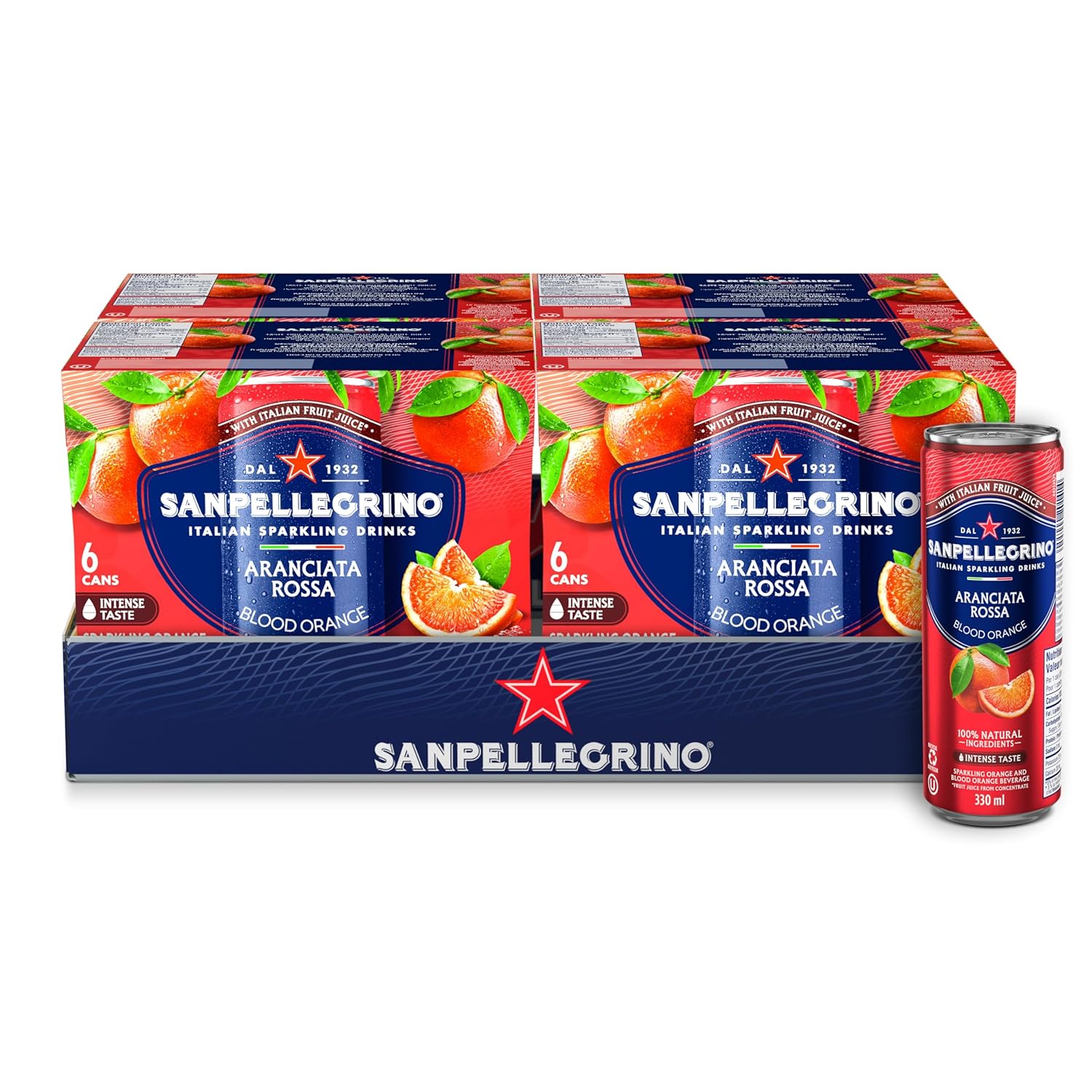 San Pellegrino Naturali Italian Sparkling Drink Aranciata Rossa, Blood Orange, 330 mL Can, 24 Cans Total