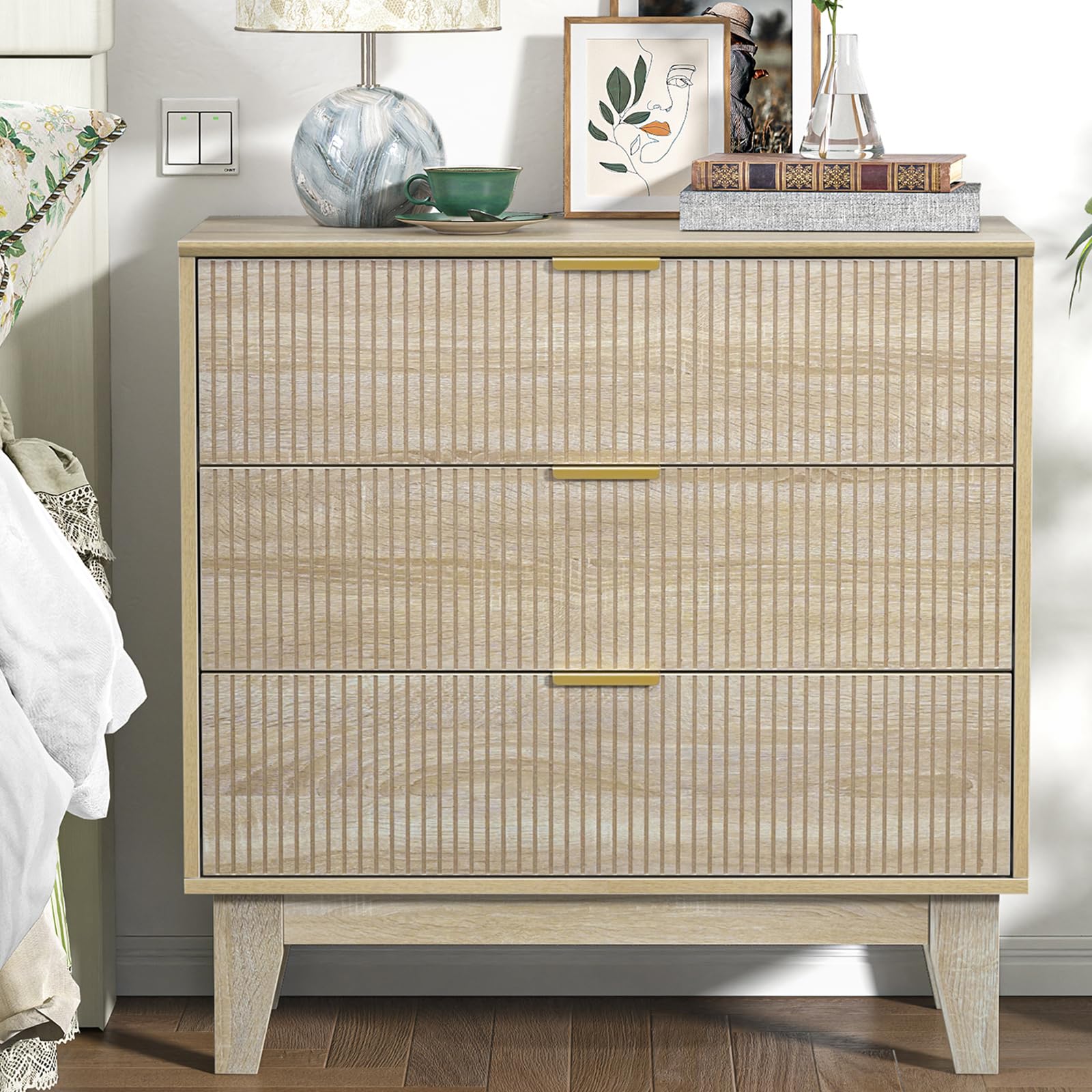 Yvsevnr Fluted Bedroom Chest of 3 Drawers Wooden Fluted Closet Dressers Anti-Tipping Large Nightstand Bedside Storage Cabinet Unit Clothes Storage Organizer for Living Room, Hallway, Nursery — image 1