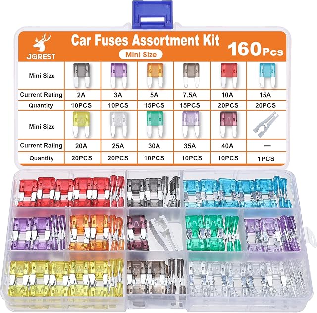 JOREST 160Pcs Car Fuse Kit - Replacement Fuses Assortment Kit for Car/RV/Truck/Motorcycle(2Amp 3A 5A 7.5A 10A 15A 20A 25A 30A 35A 40A) - Mini Blade Fuses Automotive + Auto Fuse Puller