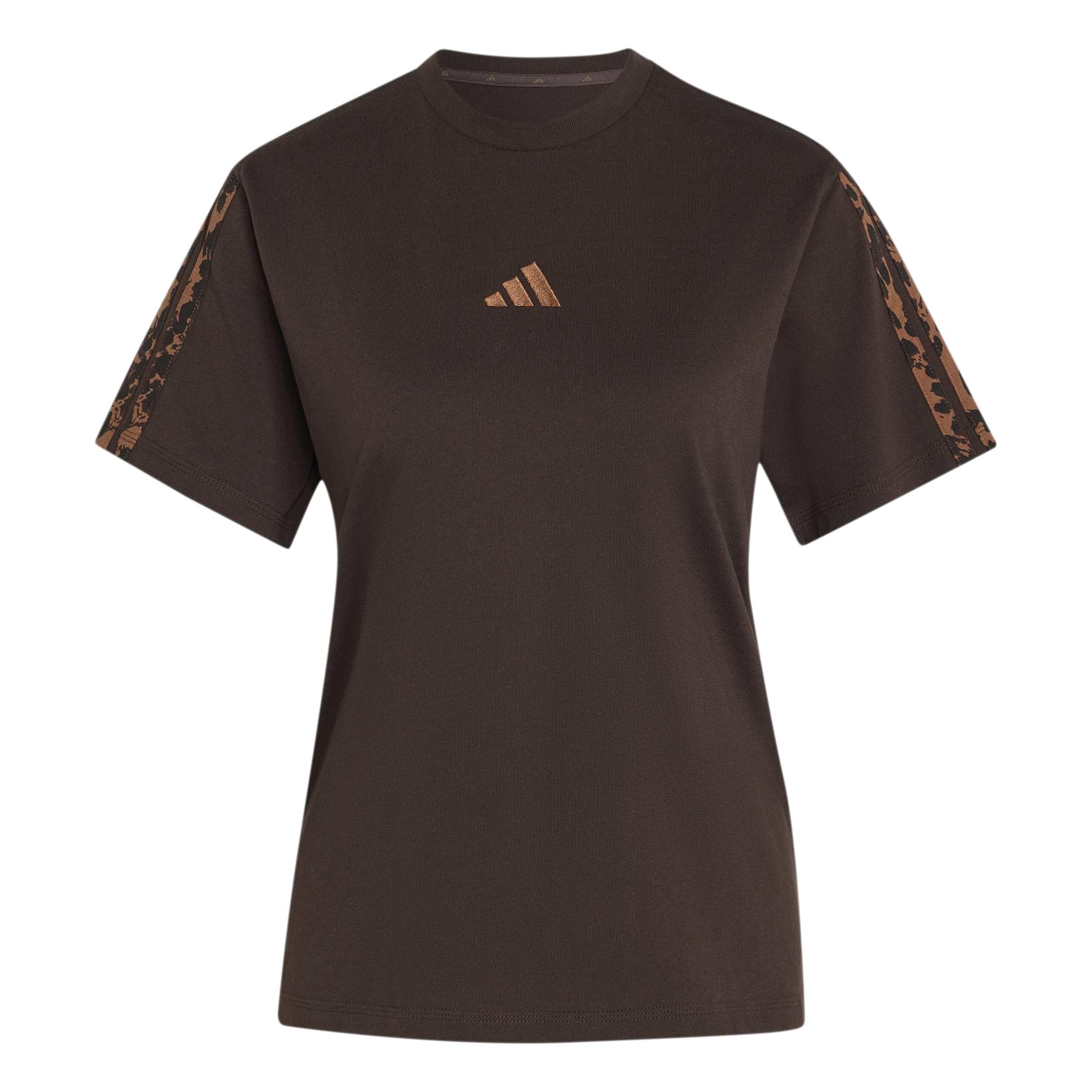 adidas Women's Seasonal Essentials Animal Print 3-Stripes Shirt, Aurora Coffee/Multicolor/preloved Brown, XS
