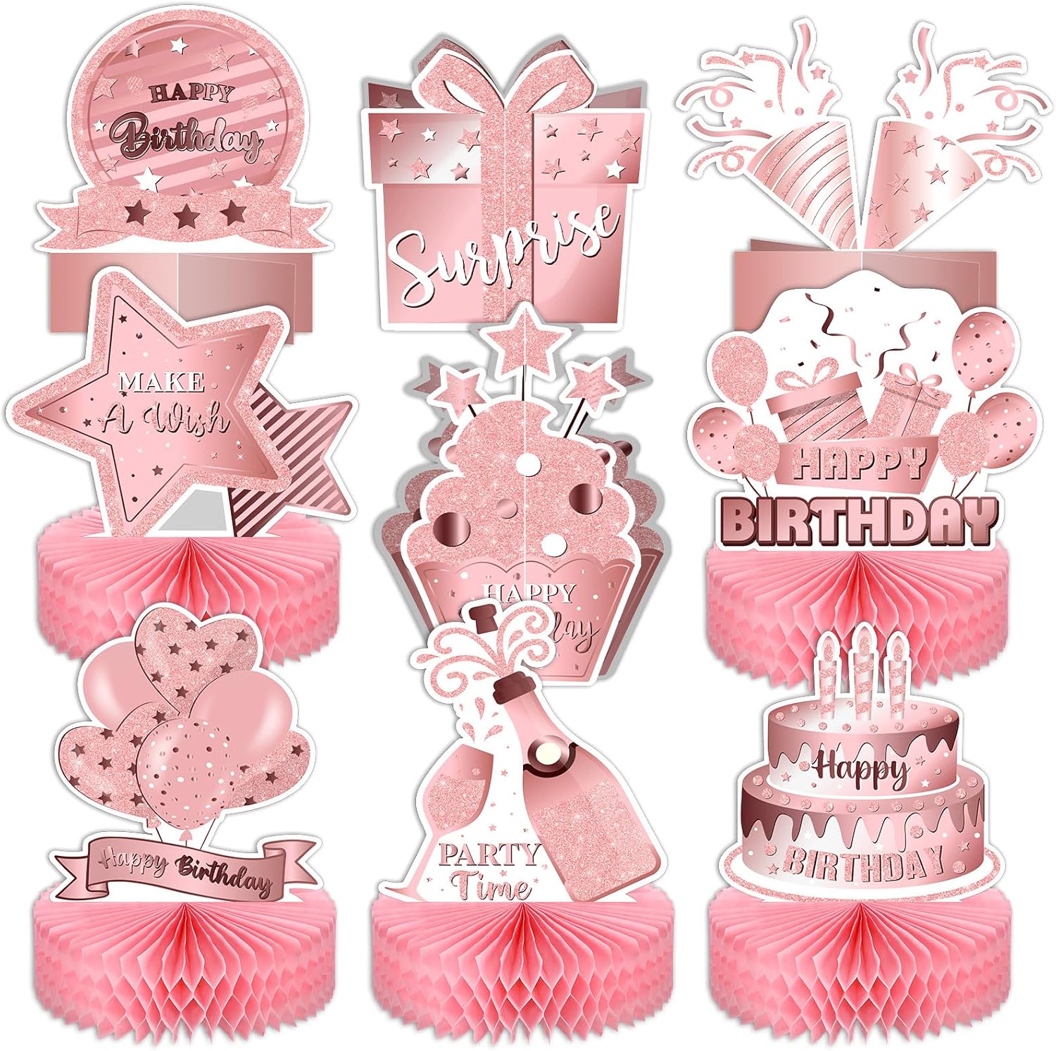 Teling 9 Pack Pink Rose Gold Birthday Table Decorations Table Honeycomb Centerpiece Double Sided Rose Gold Centerpieces for Birthday Decorations for Women Girls Photo Props