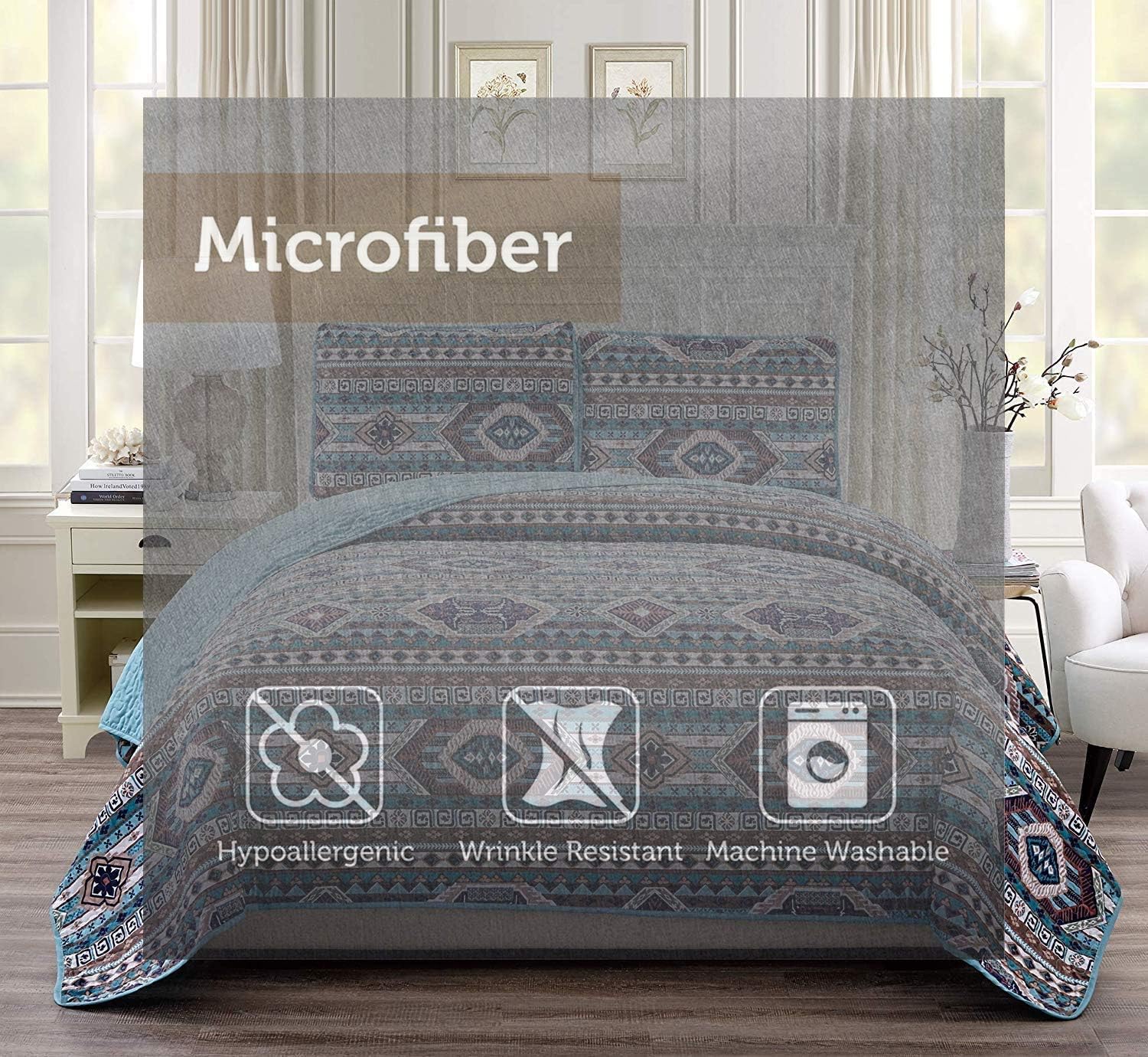 Southwest Quilted Bedspread Set with Tribal Patterns and Rustic Colors of Taupe Brown Navy Blue and Turquoise of Taupe Brown Navy Blue and Turquoise (San Antonio, Full / Queen)